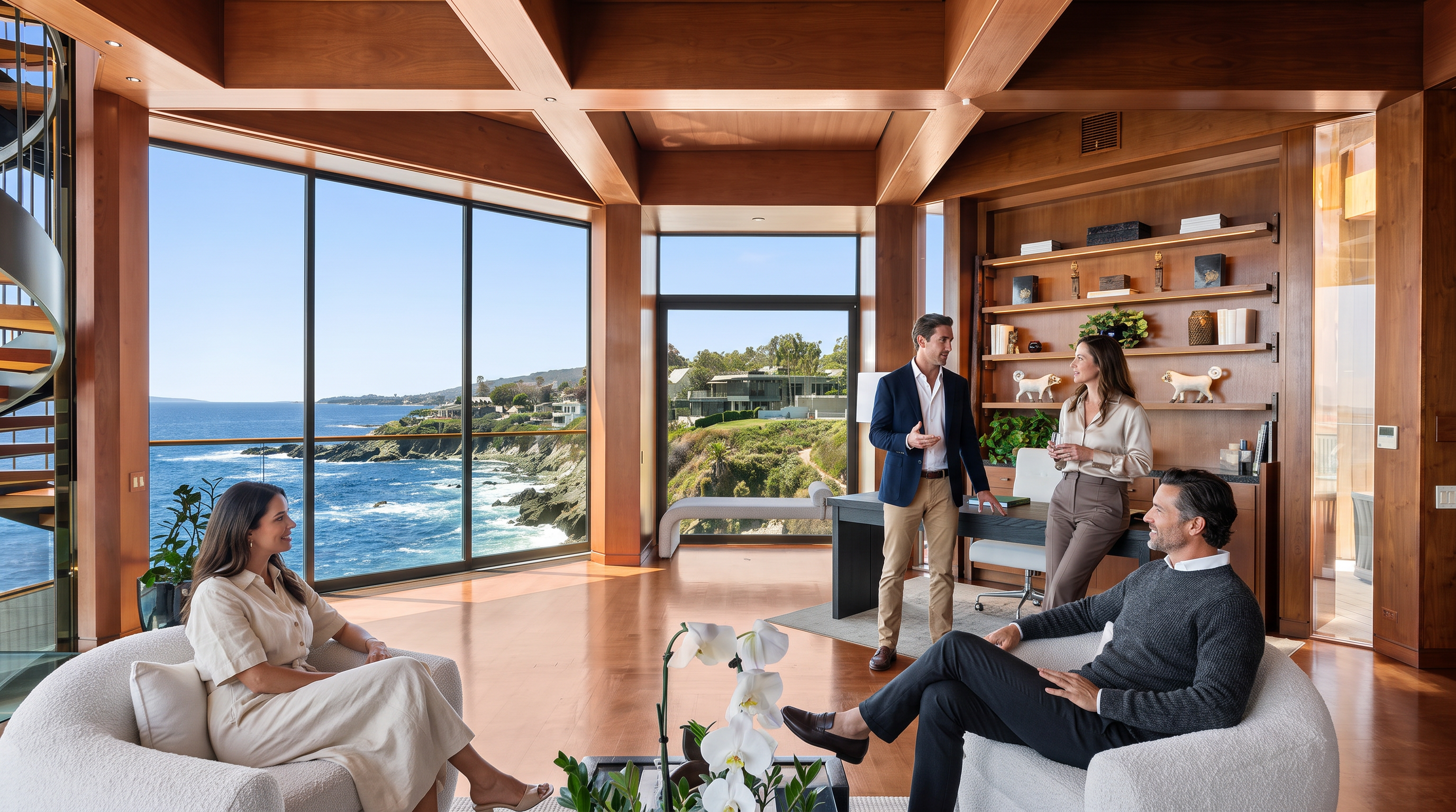 This sophisticated, sun-drenched home office boasts warm wood paneling and exposed ceiling beams, creating a luxurious and welcoming environment. Large floor-to-ceiling windows provide breathtaking panoramic views of the rugged coastline and ocean. The space is expertly furnished with a professional desk area and a comfortable seating arrangement, ideal for both productive work and relaxed client meetings.