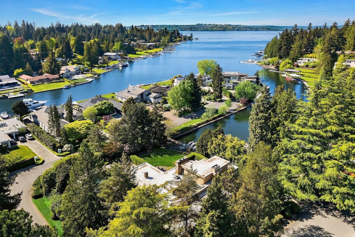 This high-angle aerial view captures a luxurious waterfront property nestled within a lush, tree-lined residential community. The scene showcases a sprawling estate with a flat-roofed residence, a manicured lawn, and direct access to a calm canal that leads into a larger body of water. The perspective emphasizes the serene, private setting and the expansive natural surroundings, highlighting the prime location of the home.
