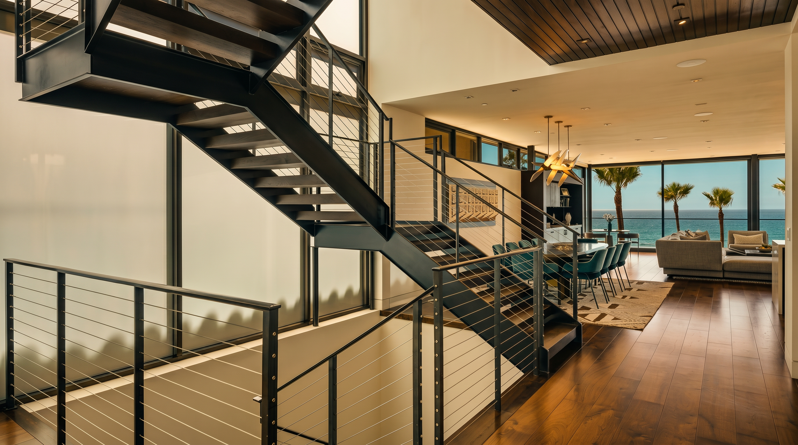 This modern, multi-level interior space features a striking open-tread staircase with dark metal framing and cable railings that serves as a central architectural focal point. The perspective looks from the landing toward an open-concept dining area and living space, which is bathed in natural light from expansive glass walls overlooking the ocean. The design emphasizes clean lines, dark wood flooring, and a sophisticated, airy aesthetic that seamlessly connects the different levels of the home.