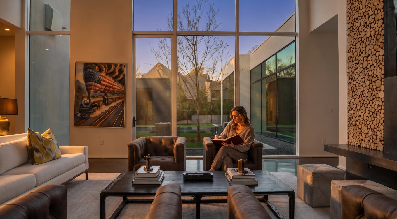 This spacious, modern living room features a high ceiling and expansive glass walls that provide a clear view of the outdoor patio and pool area. The room is anchored by a large, dark-toned coffee table surrounded by plush, tufted armchairs and a white sofa, while a striking chimney breast clad in circular wood slices serves as a focal point. The aesthetic is sophisticated and contemporary, emphasizing clean lines, neutral tones, and a seamless connection between indoor and outdoor living spaces.