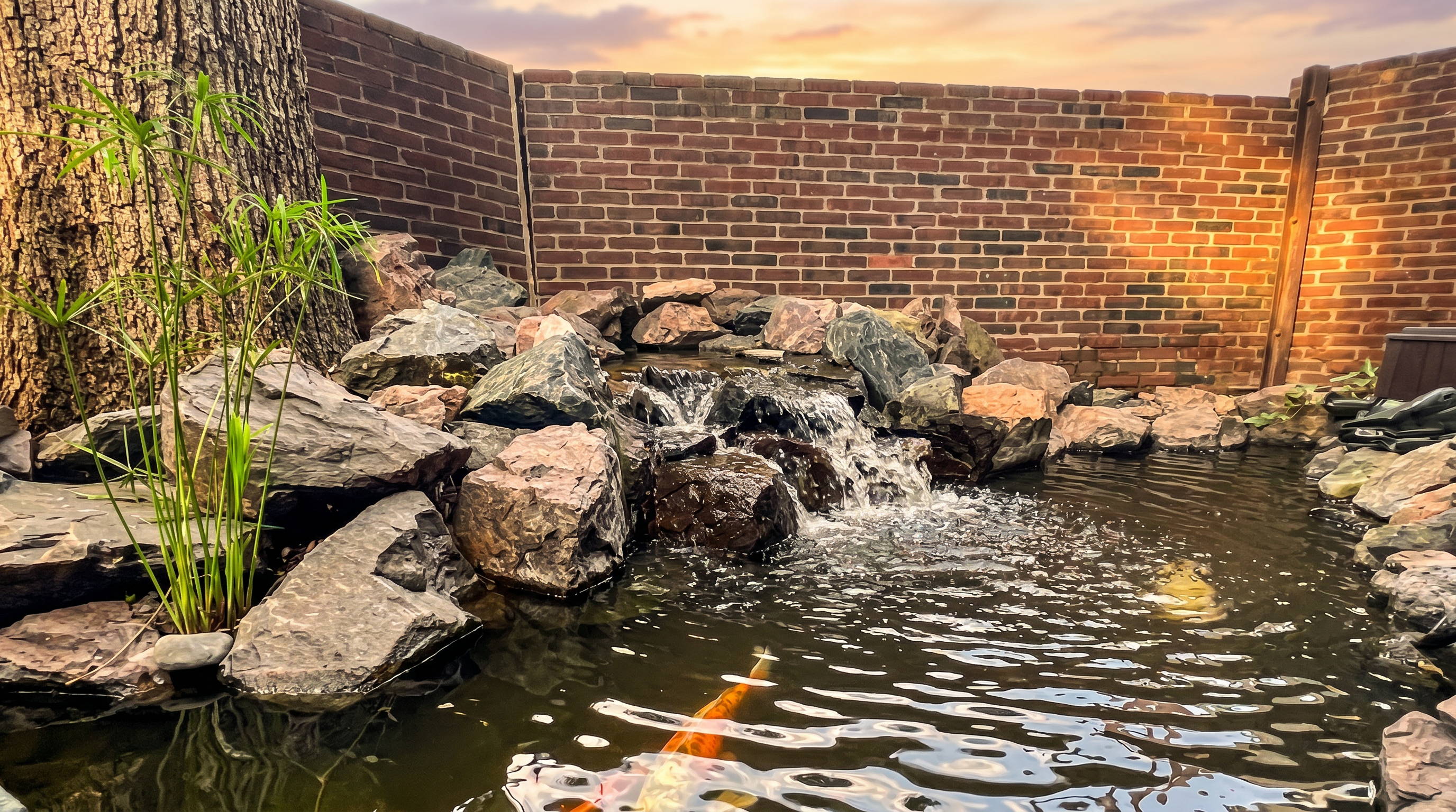 This backyard feature showcases a custom-built koi pond with a tiered rock waterfall cascading into the water. The pond is framed by natural stone boulders and lush green plants, set against a classic red brick wall. Several orange koi fish are visible swimming in the clear water, creating a serene and tranquil outdoor atmosphere.