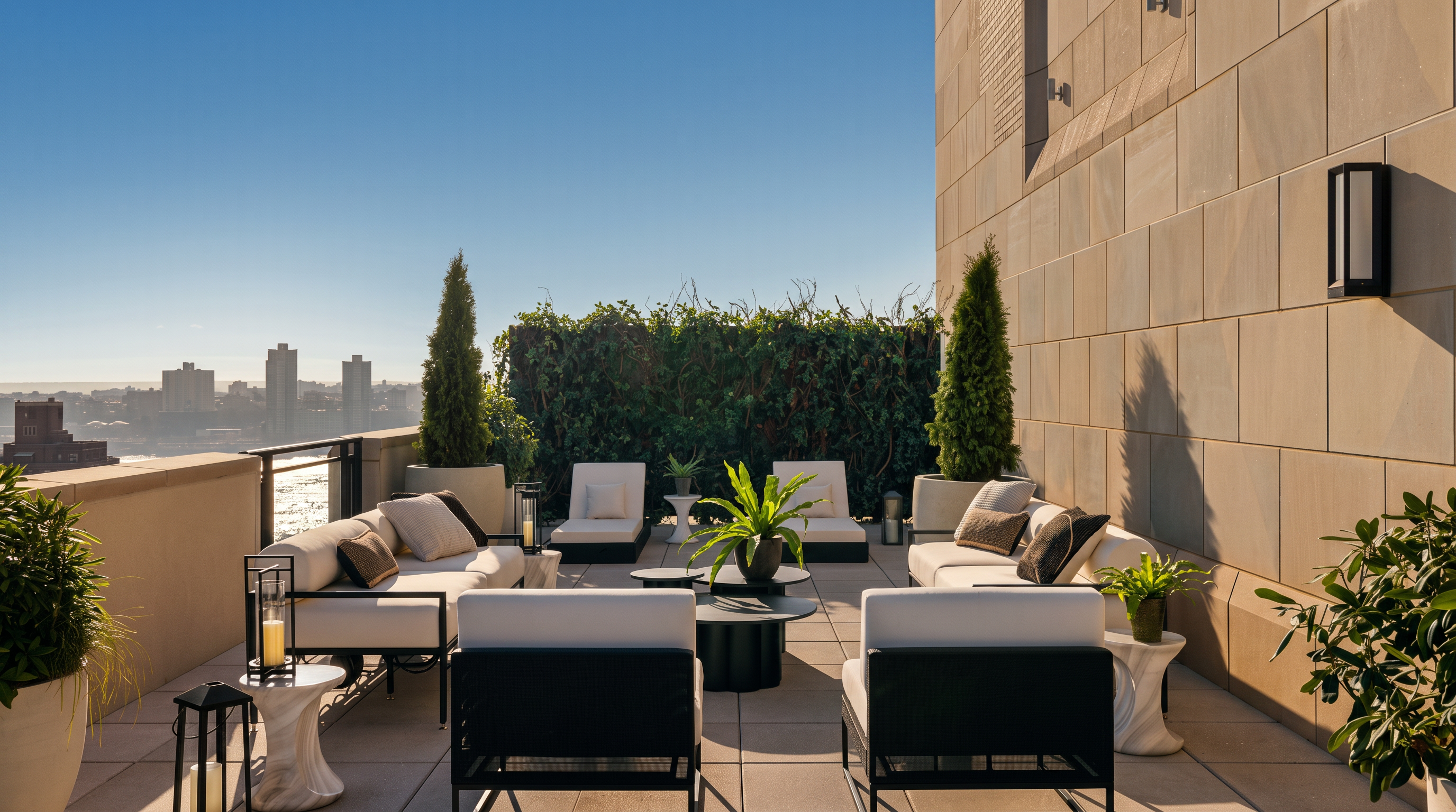 This sophisticated rooftop terrace offers a luxurious outdoor living space with a panoramic city skyline view. The area is furnished with modern, neutral-toned seating arrangements, including plush sofas and armchairs centered around low coffee tables, all set against a backdrop of manicured greenery and stone-clad walls. The warm, golden-hour lighting enhances the inviting atmosphere, making it an ideal setting for high-end urban entertaining.