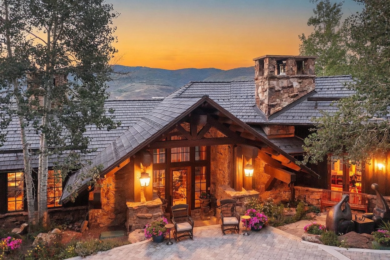 This stunning mountain-style home features a grand entryway with heavy timber framing and extensive stone masonry. A paved patio area in the foreground is furnished with comfortable seating, creating an inviting space to enjoy the sunset views over the distant mountain range. The warm glow from the interior and exterior lighting highlights the rustic architectural details and the natural textures of the stone and wood facade.