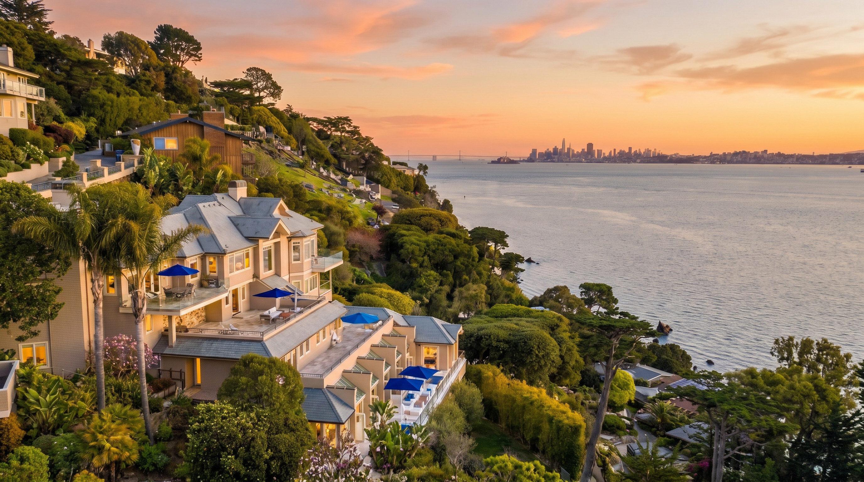 This stunning estate is showcased from an elevated, aerial perspective, highlighting its dramatic cliffside location overlooking the water and the distant cityscape. The multi-level structure features sprawling terraces with blue umbrellas, expansive windows, and sophisticated architecture that blends seamlessly into the lush, steep coastal landscape. The scene is bathed in the warm, golden glow of sunset, emphasizing the property's exclusive atmosphere and panoramic views.