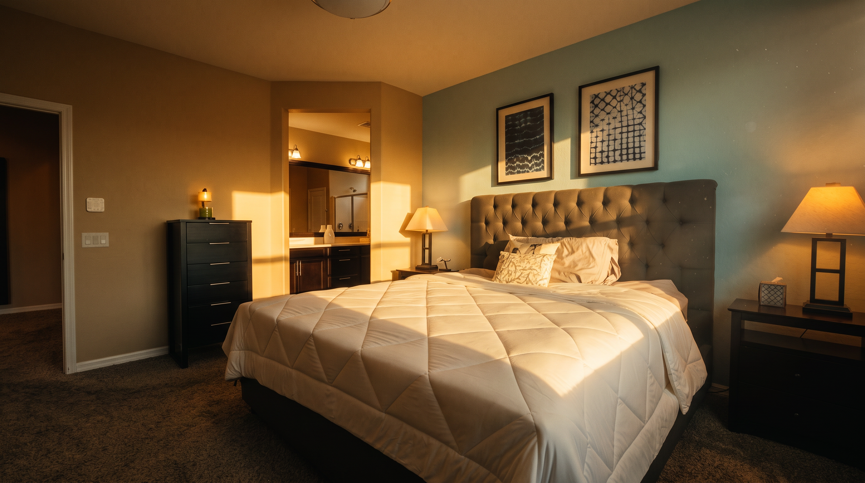 This primary bedroom features a plush, tufted gray headboard centered against a light blue accent wall, complemented by a white quilted comforter. The room is furnished with dark wood nightstands topped with matching lamps and a tall matching dresser, while a doorway leads into an adjoining bathroom. The space is finished with neutral carpeting and a central ceiling light fixture, creating a calm and inviting atmosphere.