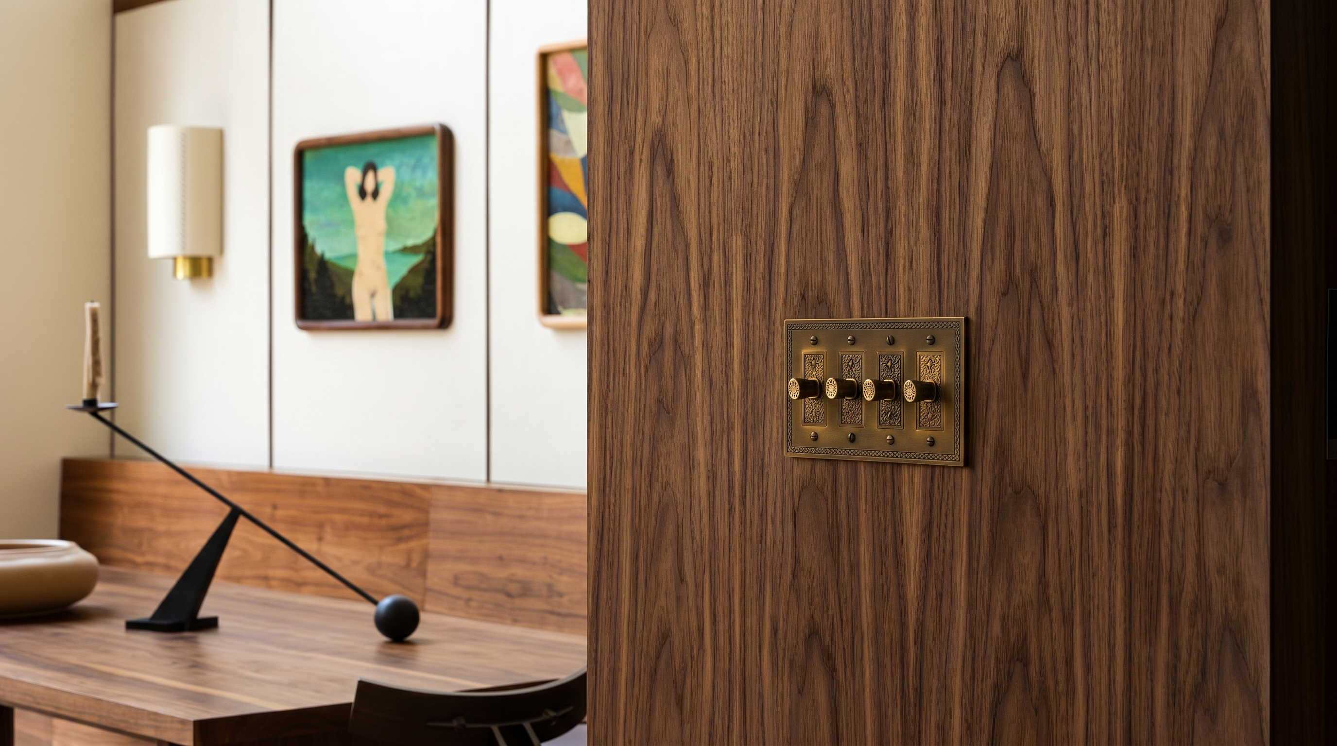 This sophisticated dining area features a warm, mid-century modern aesthetic defined by rich walnut wood paneling and a matching dining table. A minimalist, sculptural candle holder serves as a centerpiece, while framed artwork and a sleek wall sconce add character to the paneled wall. The perspective is framed through a dark wood doorway, highlighting the seamless integration of high-end materials and refined interior design.