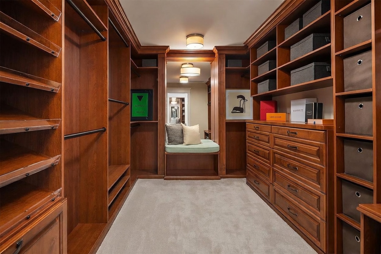 This spacious walk-in closet features rich, warm-toned wood cabinetry with extensive shelving, hanging rods, and a built-in dresser with multiple drawers. A central bench with a light-colored cushion sits beneath a mirror, creating a functional dressing area, while soft overhead lighting illuminates the organized storage space. The room is finished with neutral carpeting, providing a clean and sophisticated aesthetic.