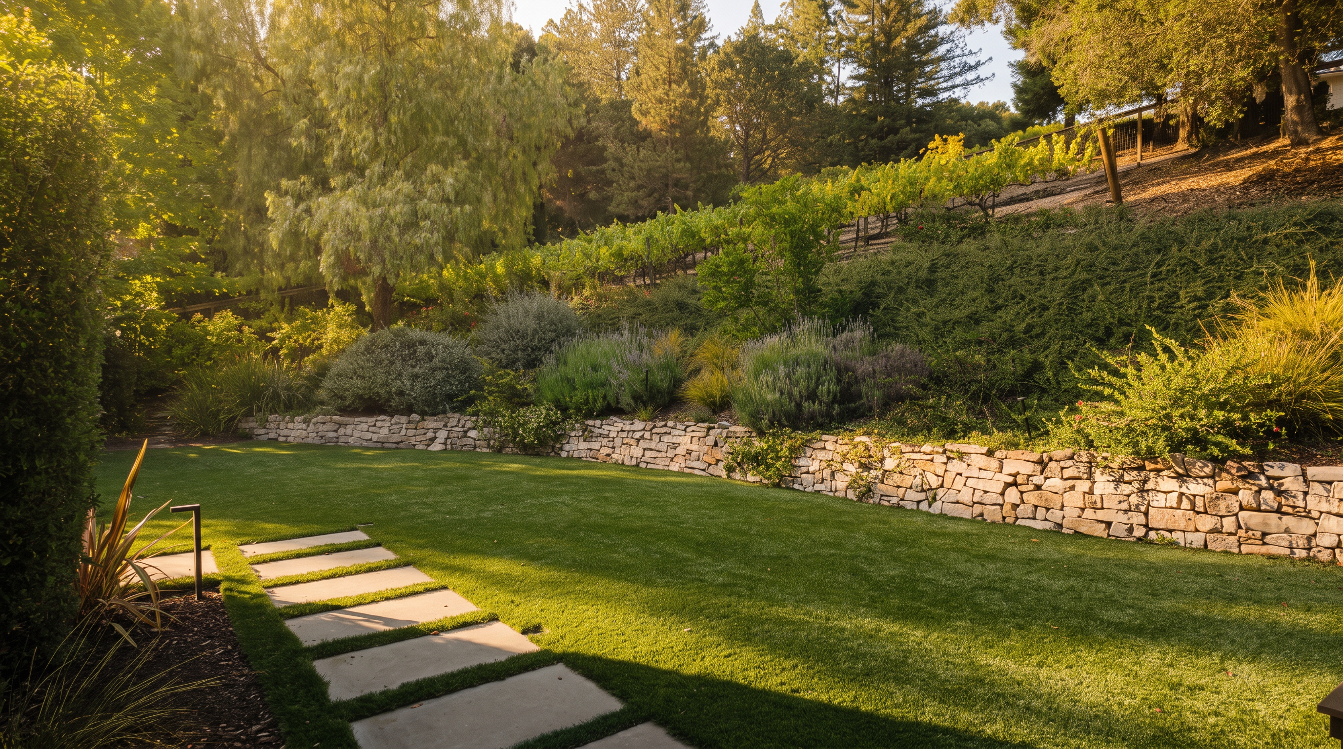 This well-manicured backyard features a lush green lawn bordered by a rustic stone retaining wall that separates the lower garden from a terraced hillside. A series of rectangular concrete pavers creates a clean walkway leading into the yard, which is framed by mature trees and various shrubs. The scene offers a peaceful, private outdoor retreat with a gentle slope and natural landscaping.