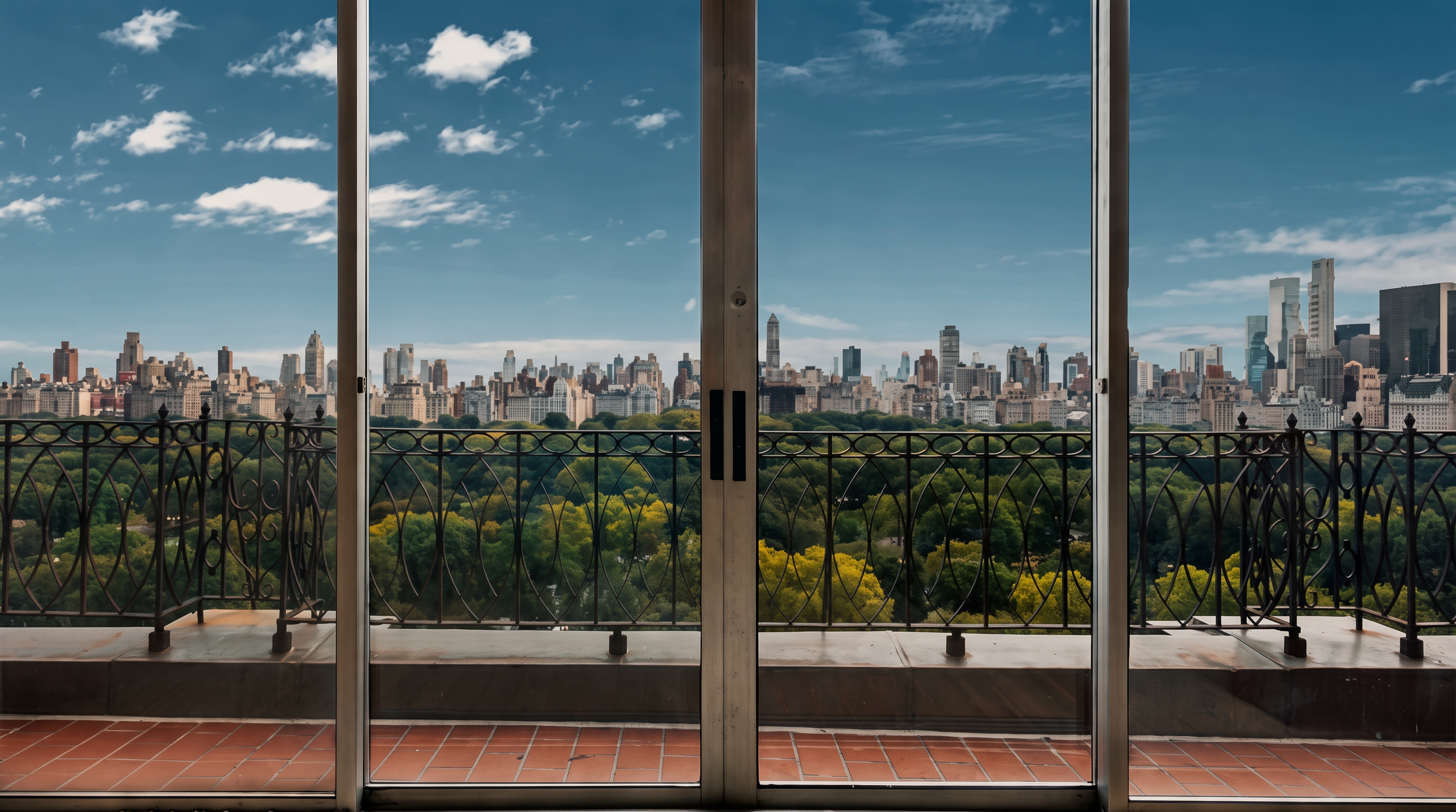 This image captures a balcony view looking out over a lush, tree-filled park with a sprawling city skyline in the background. The scene is framed by large, floor-to-ceiling glass sliding doors that provide a seamless transition to the outdoor space, which features a decorative metal railing and a tiled floor. The perspective is from inside a room, emphasizing the expansive and scenic urban vista.