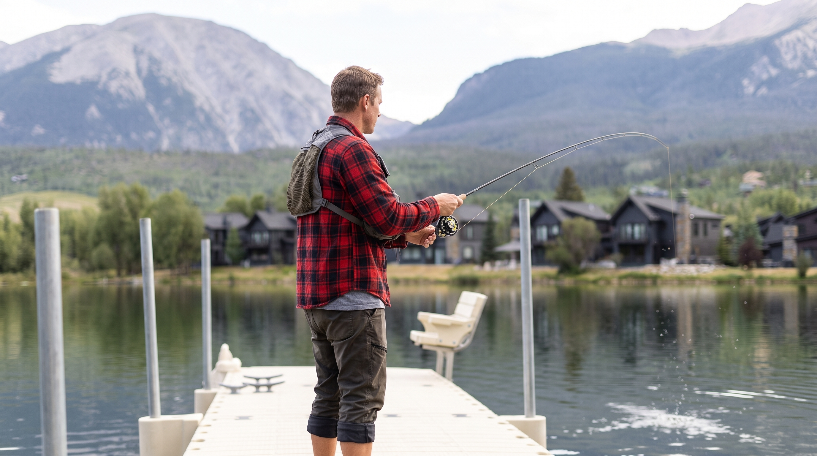 This scene features a man fly-fishing from a floating dock on a tranquil mountain lake, showcasing a prime recreational amenity often associated with luxury lakefront residential communities. The backdrop includes high-end dark wood homes nestled against dramatic mountains, highlighting a desirable lifestyle and scenic outdoor access. This environment suggests a serene, upscale neighborhood setting perfect for buyers seeking active outdoor living.