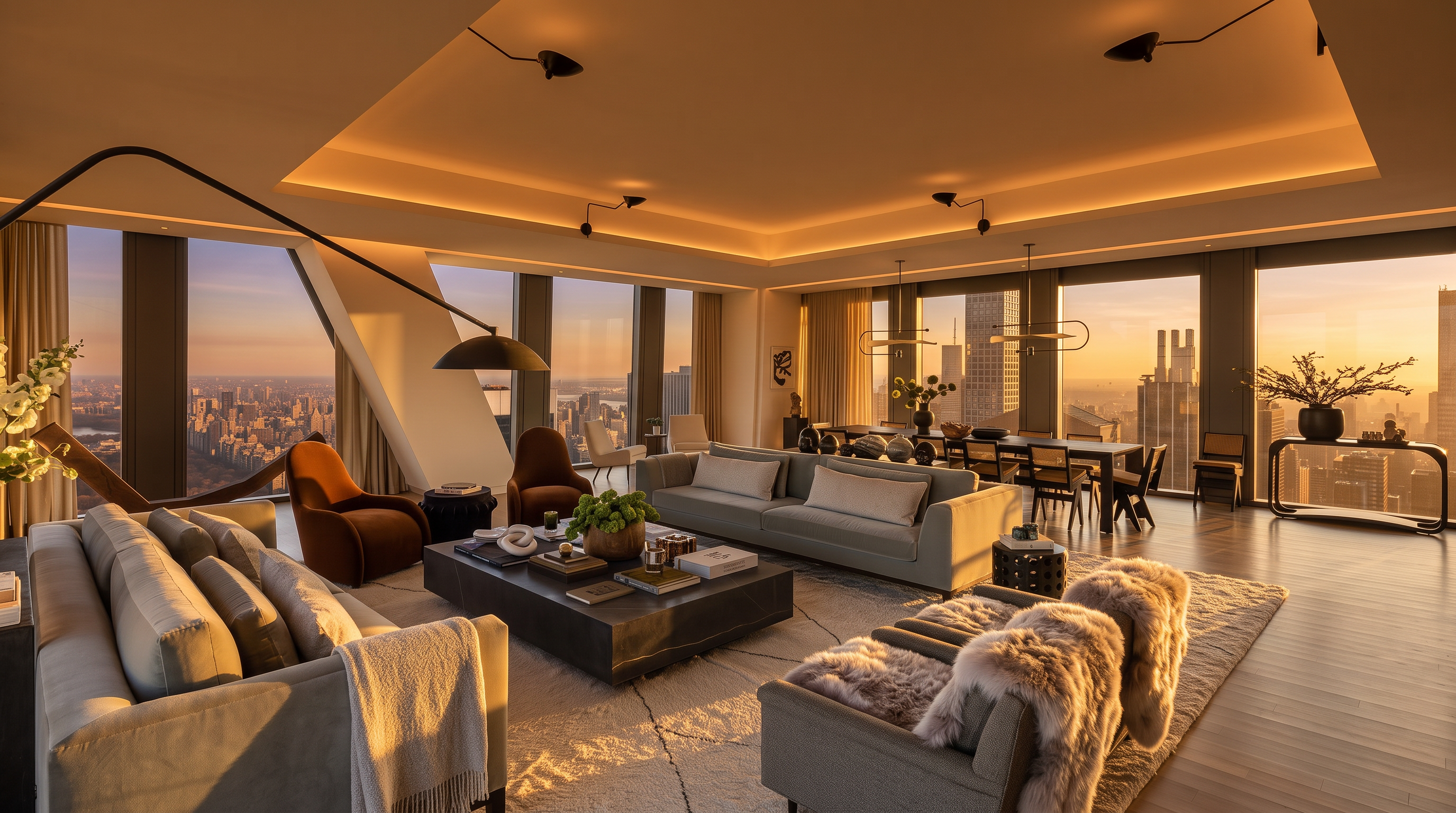 This sophisticated, open-concept living area features a clean, contemporary aesthetic with plush grey sofas, warm accent chairs, and an expansive coffee table. Floor-to-ceiling windows offer breath-taking, high-rise panoramic views of the city skyline during a golden sunset, enhancing the luxurious atmosphere. Its elegant design and high-end finishes make this space an exceptional example of premium urban residential living.