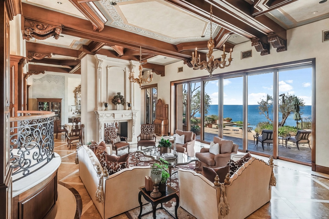 This expansive, opulent living room features a coffered wood-beam ceiling and intricate patterned stone flooring, creating a sophisticated atmosphere. A grand, ornate fireplace serves as a focal point, while large glass doors provide an unobstructed view of the ocean and outdoor patio. The space is furnished with plush, traditional seating arrangements and elegant chandeliers, emphasizing a luxurious and airy coastal aesthetic.