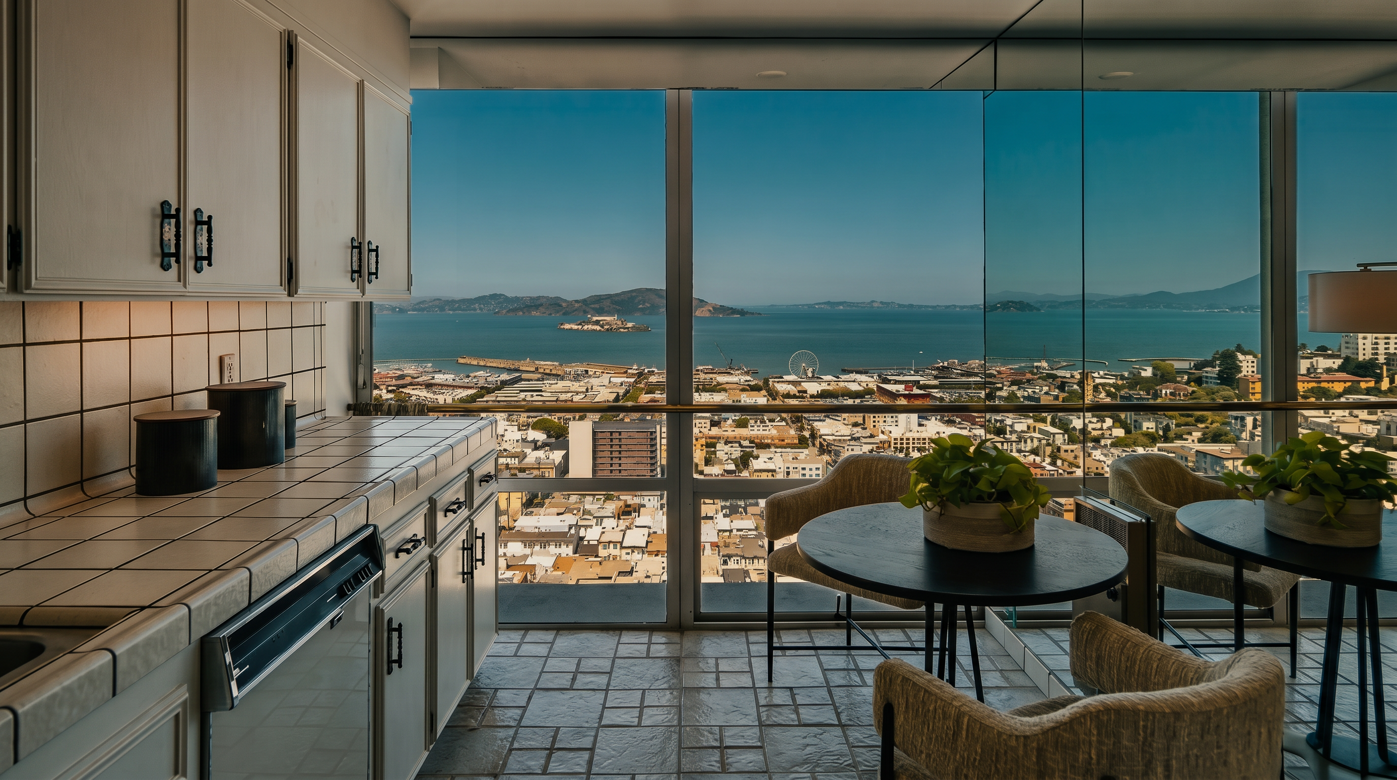 This kitchen area features white cabinetry and tiled countertops, seamlessly transitioning into a dining space with a small round table and chairs. The room is defined by expansive floor-to-ceiling windows that provide a panoramic, elevated view of the city, harbor, and Alcatraz Island. The perspective is from inside the kitchen looking out, emphasizing the dramatic contrast between the functional interior and the vast, scenic urban landscape.