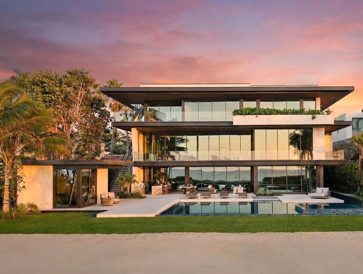 This stunning modern waterfront estate features a multi-level architectural design with extensive glass walls that offer panoramic ocean views. The rear exterior includes a spacious patio area, a sleek infinity-edge pool, and direct access to a sandy beach. The composition captures the home at sunset, highlighting its clean lines, contemporary aesthetic, and seamless integration with the coastal landscape.
