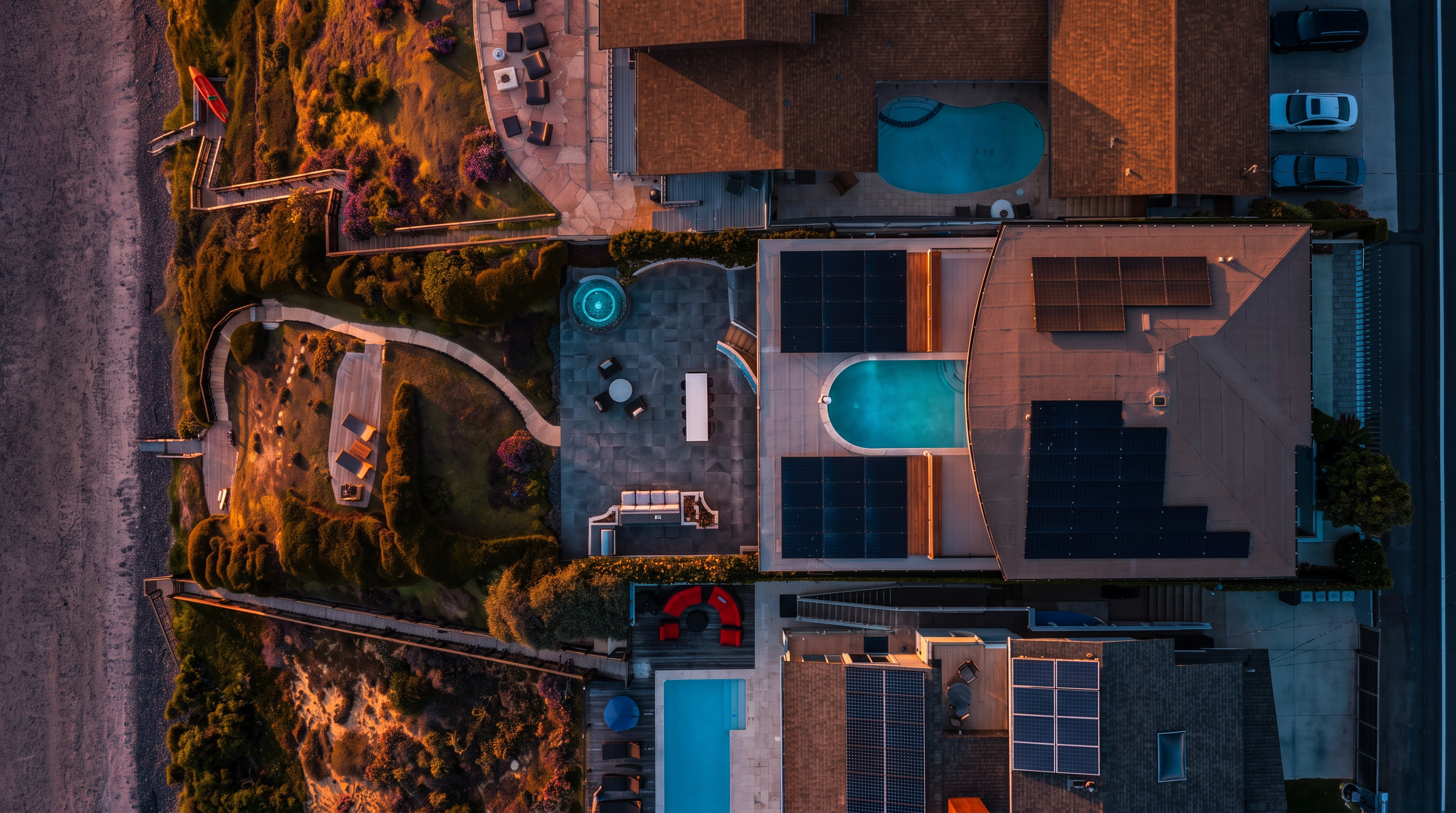 This high-angle aerial perspective captures a coastal residential property featuring multiple homes with expansive outdoor living spaces, including swimming pools, spas, and stone-paved patios. The layout showcases a blend of modern architecture with solar panels on the roofs, winding pathways leading toward the beach, and lush landscaping. The composition highlights the seamless transition between private luxury amenities and the natural shoreline.