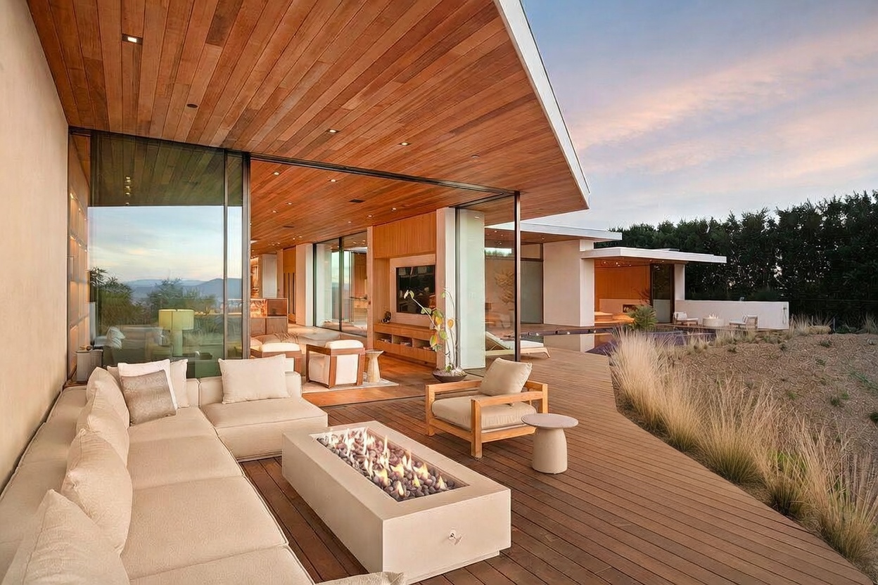 This stunning modern outdoor living space features a seamless transition between the indoor living area and a spacious wooden deck. The area is furnished with plush, neutral-toned seating, a sleek rectangular fire pit, and comfortable armchairs, all set against a backdrop of panoramic hillside views. The architectural design emphasizes clean lines, warm wood-paneled ceilings, and expansive glass walls, creating a sophisticated and inviting atmosphere for luxury outdoor entertaining.