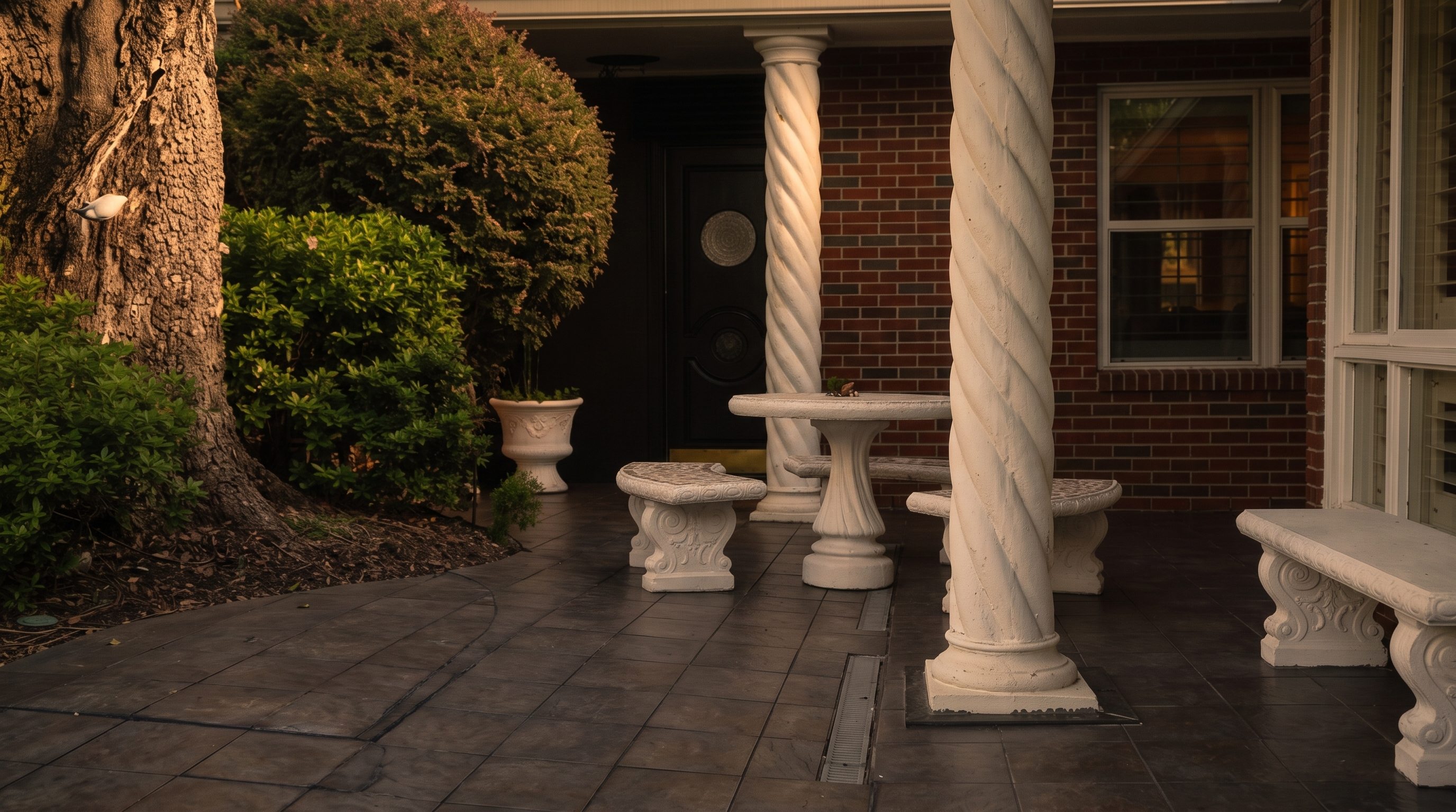 This inviting outdoor patio features dark, square-tiled flooring and is framed by classic white columns that support the roof overhang. A small bistro set with matching benches sits in the center, while a large, mature tree and lush landscaping provide a natural backdrop to the brick-walled home. The space is bright and well-lit, offering a serene area for relaxation or outdoor dining.