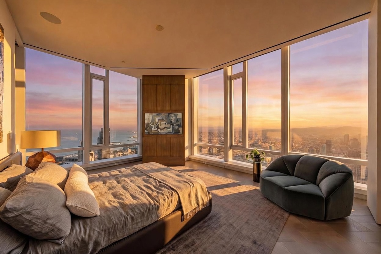 This luxurious primary bedroom features expansive floor-to-ceiling windows that offer a panoramic, high-altitude view of the city skyline and bay at sunset. The room is anchored by a plush bed with neutral-toned bedding and a modern, curved velvet sofa positioned to take advantage of the scenery. A central wood-paneled column houses a television, creating a sophisticated focal point within the open-concept, light-filled space.