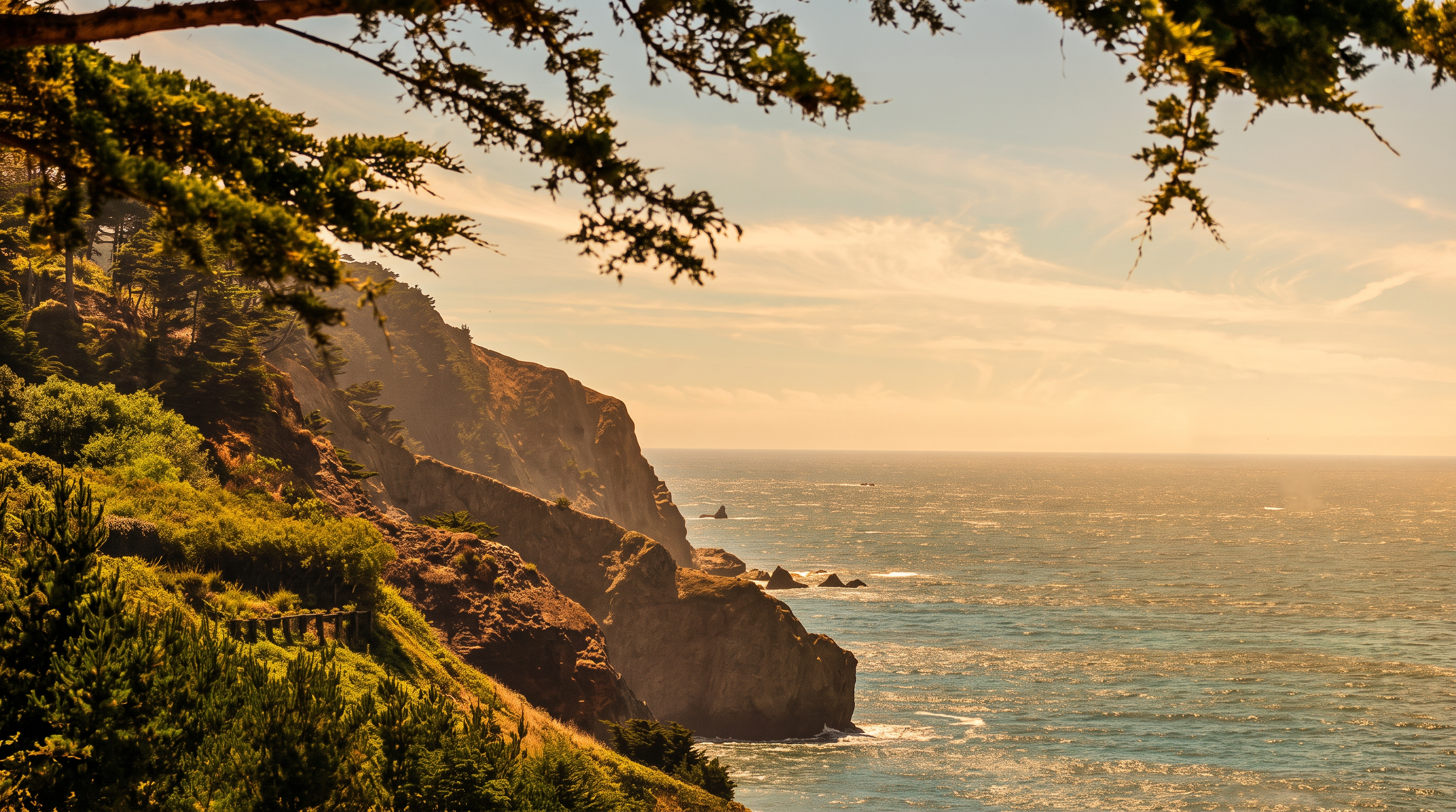 This scenic landscape view captures a rugged coastal cliffside overlooking the vast, sparkling blue ocean. The foreground is framed by the branches of a coniferous tree, leading the eye toward the dramatic rock formations and the distant horizon. The perspective is elevated, offering a cinematic and serene outlook that emphasizes the natural beauty and privacy of the property's surroundings.