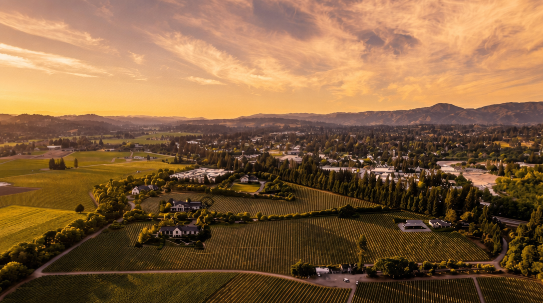 This stunning aerial view captures a sprawling vineyard estate set against a backdrop of rolling hills and a vibrant sunset. The landscape features meticulously maintained rows of grapevines, interspersed with sophisticated residential properties, mature trees, and well-defined access roads. The scene evokes a sense of serene luxury and established agricultural beauty, ideal for highlighting the expansive property grounds.
