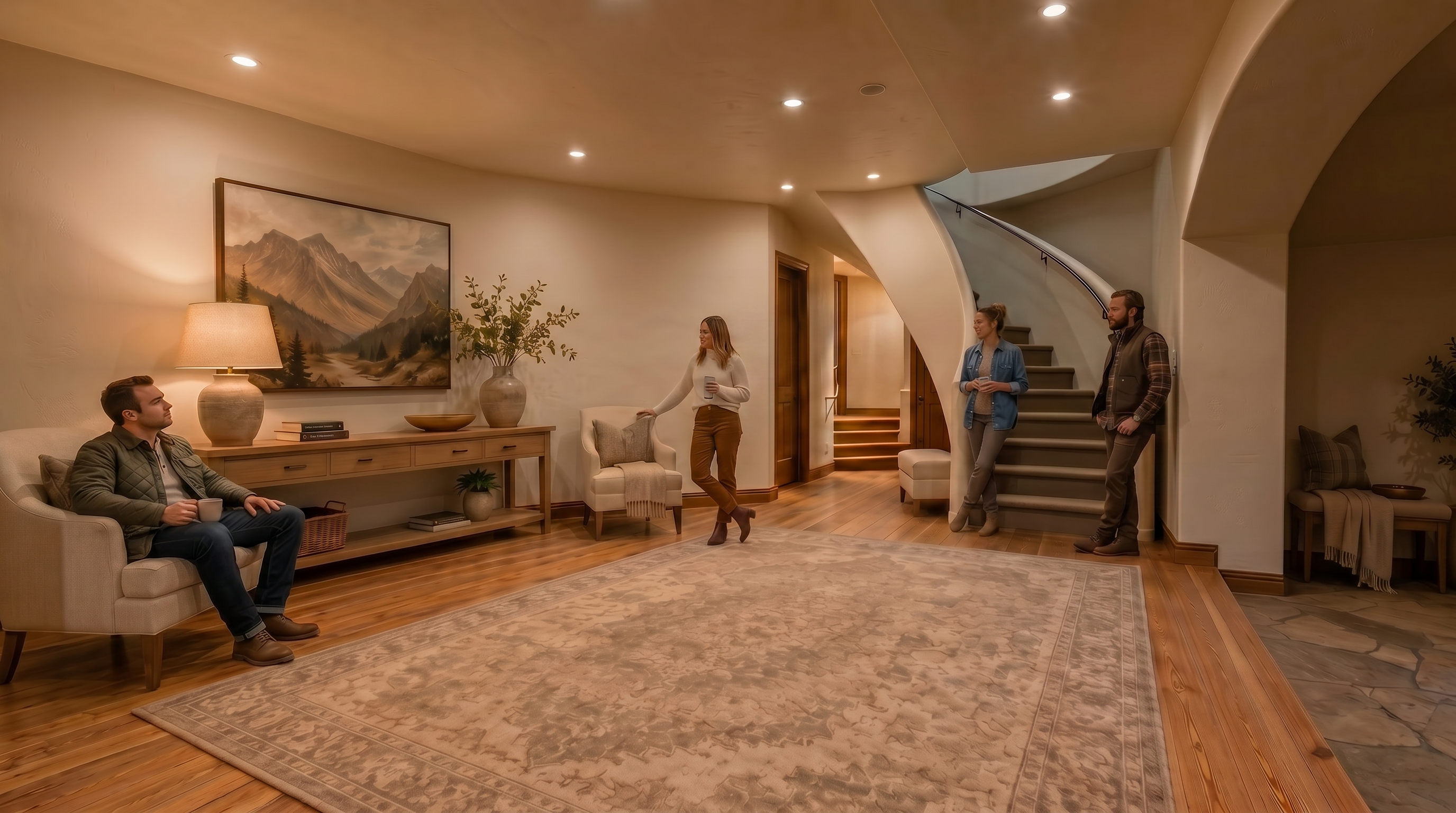 This elegant foyer features a curved staircase, hardwood flooring, and a large area rug that defines the space. The soft, neutral color palette, integrated recessed lighting, and tasteful decor create a sophisticated and welcoming entry experience. Notable elements include a classic console table, comfortable accent seating, and an arched architectural opening that adds a touch of custom character.