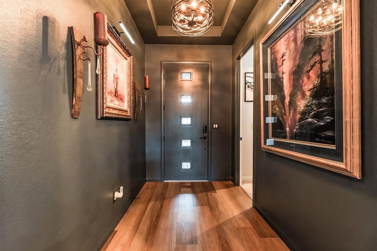 This dramatic entryway features dark, moody walls contrasted by warm-toned wood-look flooring. The space is anchored by a central front door with multiple glass inserts, flanked by large framed landscape artwork and wall-mounted sconces. A decorative orb-style chandelier hangs from a recessed ceiling, creating a sophisticated and welcoming atmosphere.