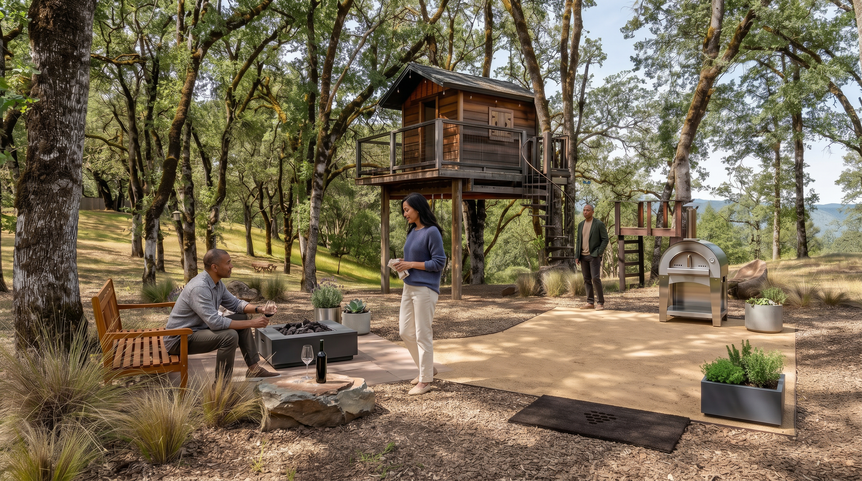 This scenic outdoor living space features a custom-built elevated treehouse nestled among mature oak trees, serving as a standout architectural highlight. The landscaped area includes a modern patio with a square fire pit, comfortable seating, and a professional-grade outdoor pizza oven. The setting provides a peaceful, woodland retreat ideal for entertaining and enjoying the natural surroundings.