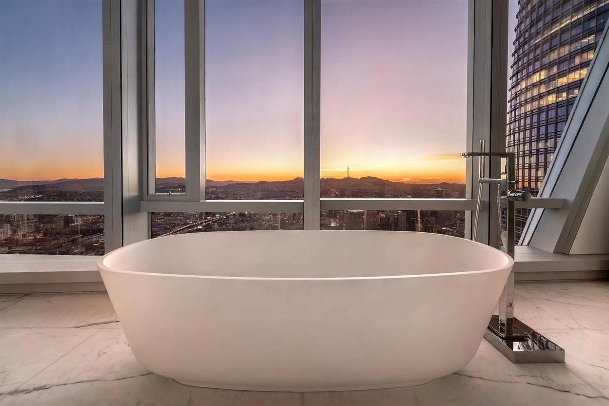 This luxurious primary bathroom features a sleek, freestanding white soaking tub positioned directly in front of expansive, floor-to-ceiling windows that offer a breathtaking panoramic view of the city skyline at sunset. A modern, polished chrome floor-mounted faucet stands beside the tub, which rests on a light-toned stone floor with subtle veining. The perspective captures a serene and sophisticated atmosphere, emphasizing the dramatic urban backdrop.