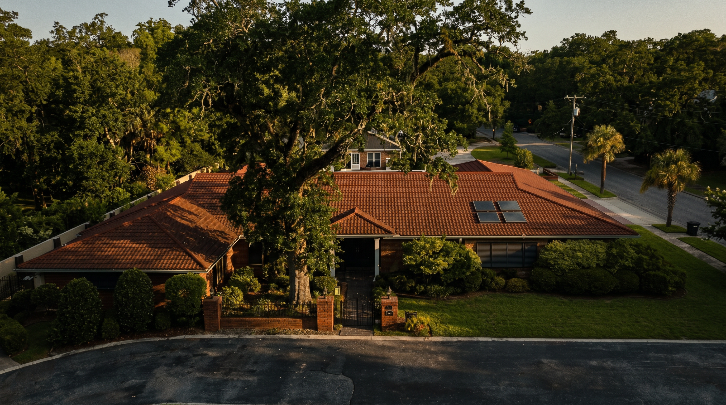 This high-angle aerial view captures a sprawling single-story residence with a prominent red-tiled roof and integrated solar panels. The property is nestled within a lush, tree-filled landscape, featuring a paved driveway, manicured lawns, and mature palm trees in the foreground. The perspective highlights the home's expansive footprint and its integration into a quiet, suburban neighborhood setting.
