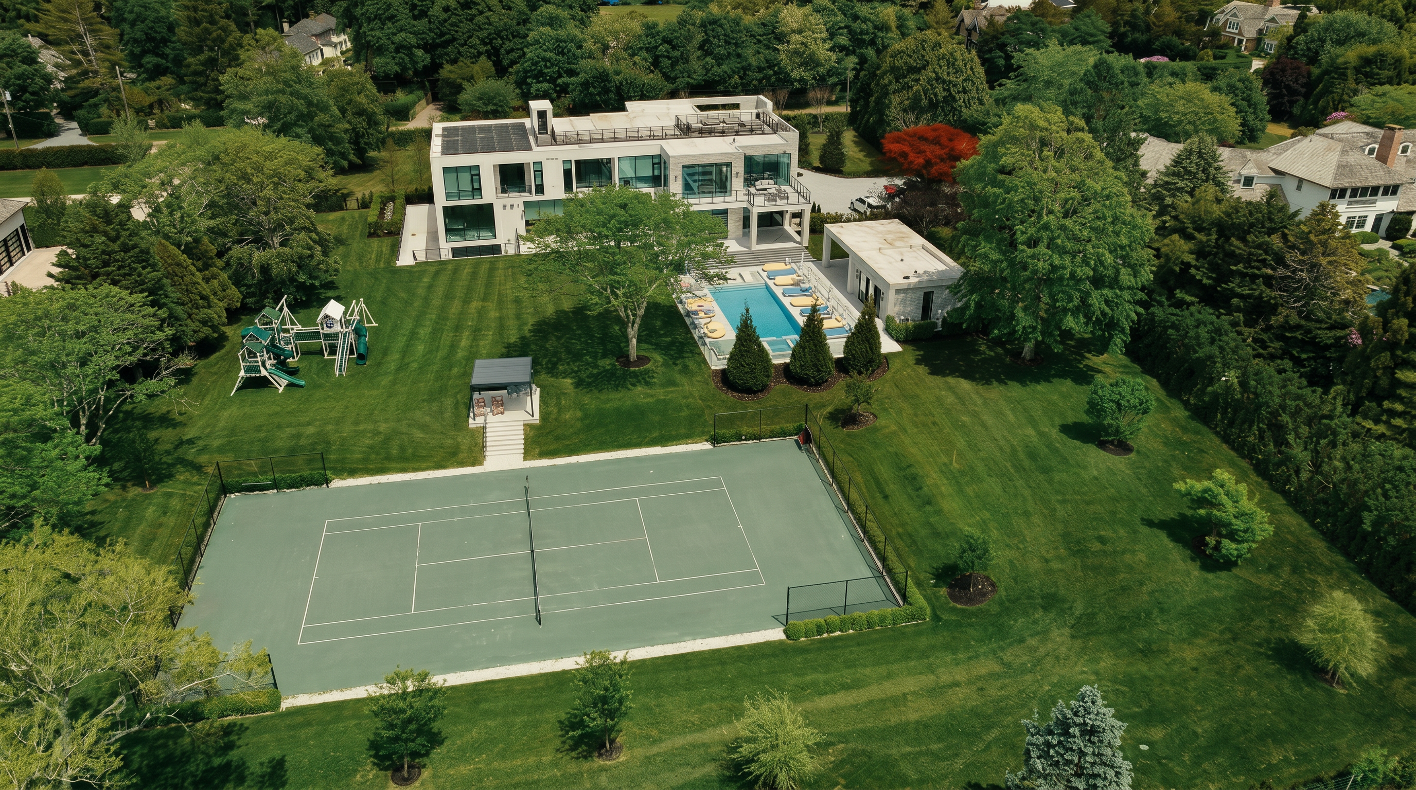 This high-angle aerial view captures a sprawling luxury estate featuring a modern, multi-level residence with expansive glass walls and a flat roof. The property includes a private tennis court, a rectangular swimming pool with an adjacent pool house, and a dedicated children's play area set within a lush, manicured lawn. The surrounding landscape is densely wooded, providing a sense of privacy and seclusion in a serene, upscale neighborhood.