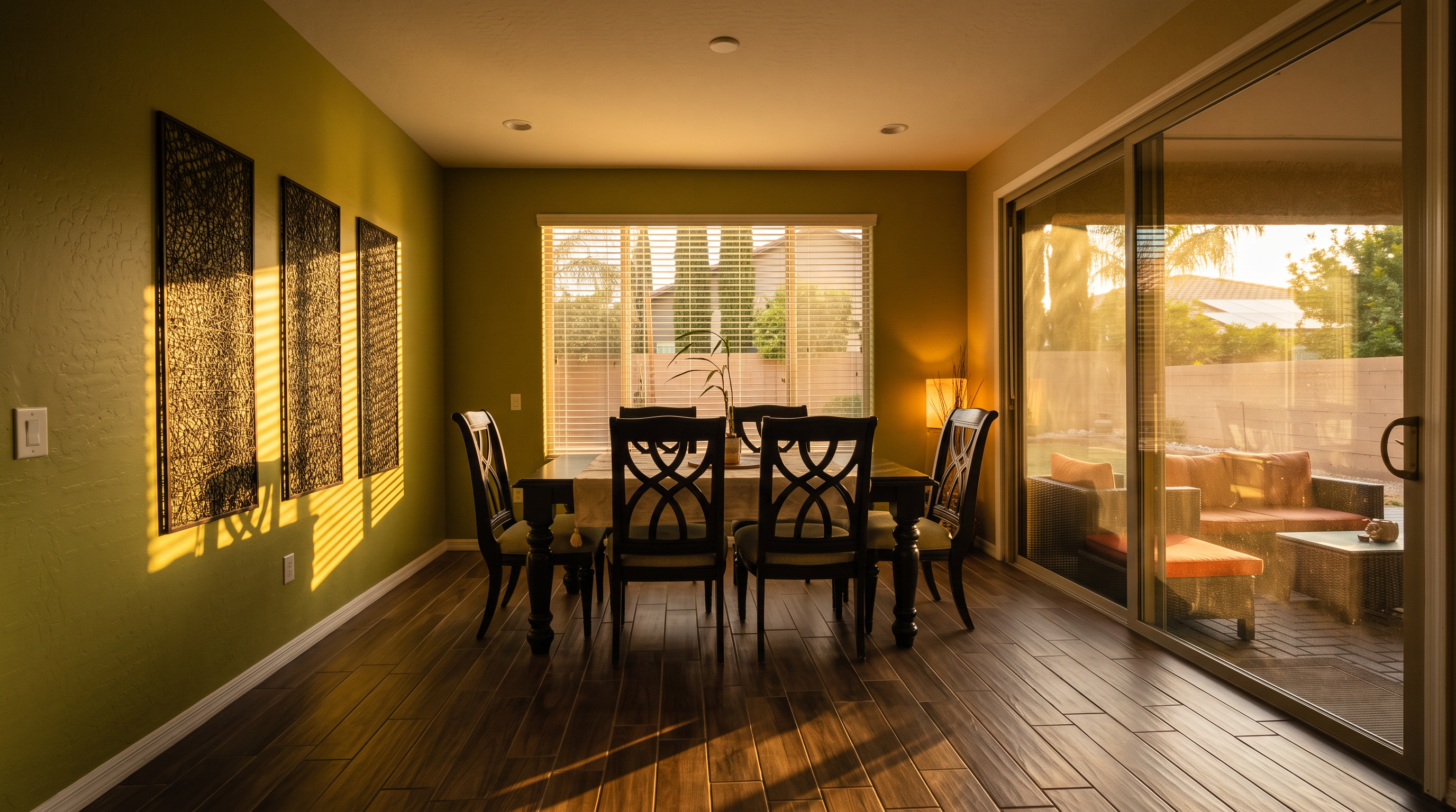 This bright dining room features a dark wood dining set centered on a light-toned floor with a wood-grain finish. The walls are painted a vibrant lime green, accented by three large, decorative metal wall art pieces. A large window with horizontal blinds allows natural light to fill the space, while a sliding glass door provides a seamless transition to the outdoor patio area.