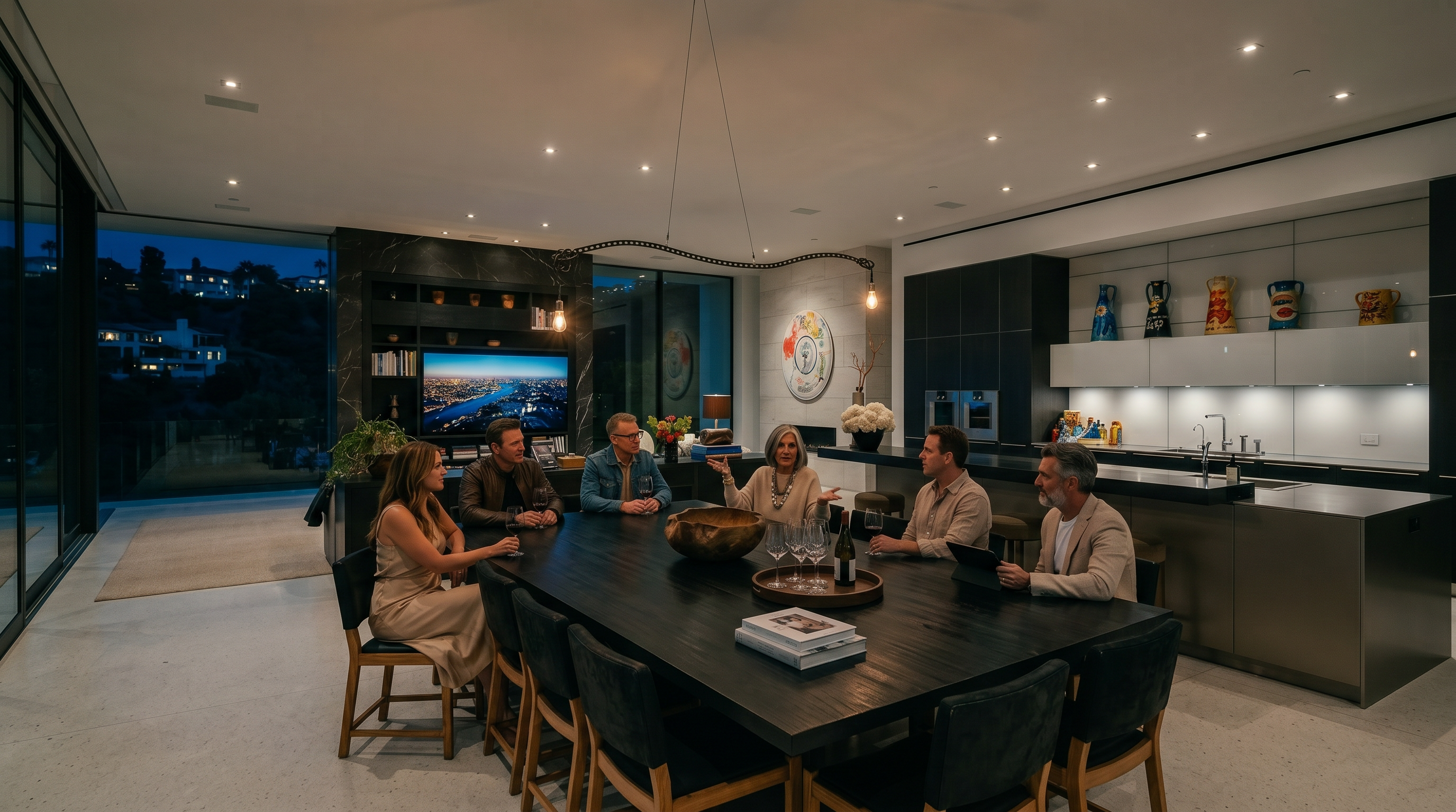This expansive, modern open-concept space seamlessly integrates a large dining area with a sleek, high-end kitchen. The room features a long, dark wood dining table, minimalist cabinetry, and a large kitchen island, all set against a backdrop of floor-to-ceiling windows that provide a panoramic view of the surrounding hills. The aesthetic is sophisticated and contemporary, characterized by clean lines, a neutral color palette, and premium finishes.