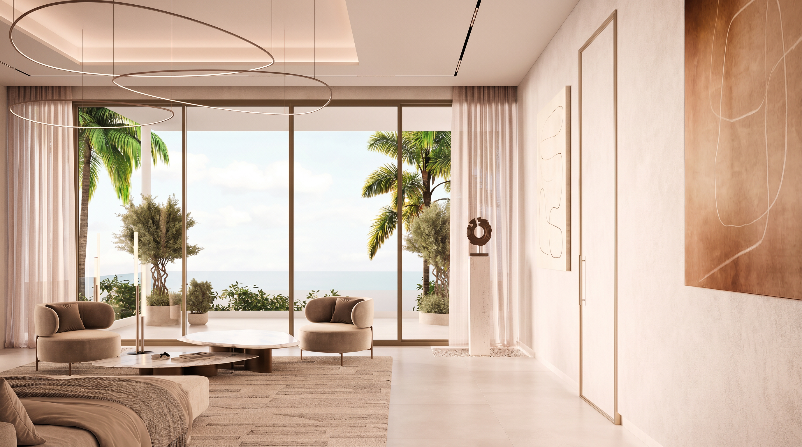 This sophisticated living room features a minimalist aesthetic with a neutral color palette and clean lines. Large glass panels provide an expansive view of the ocean and palm trees, bathing the space in natural light. The room is furnished with a curved armchair and a low-profile coffee table, complemented by a textured area rug and a sculptural art piece near the window.