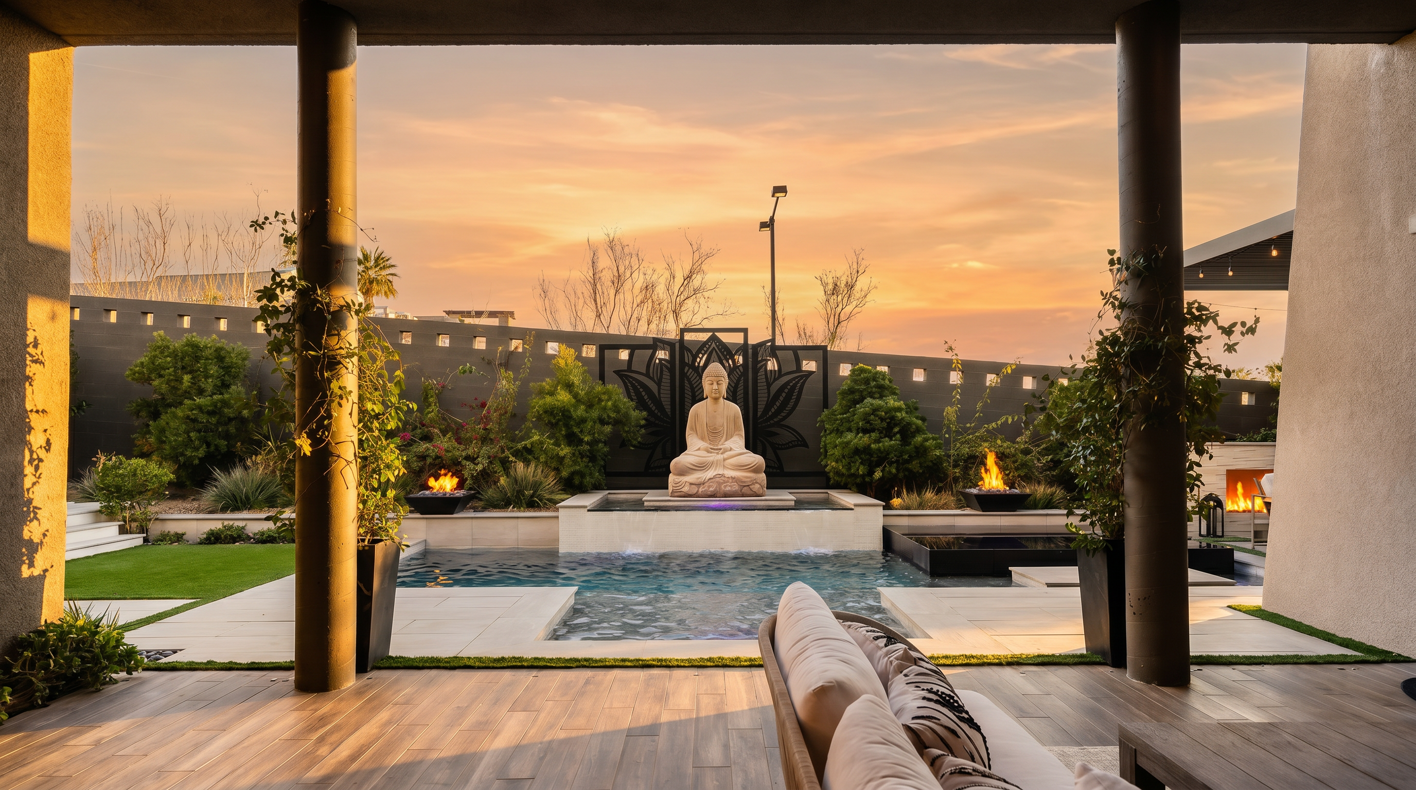 This view from a covered patio looks out over a serene, resort-style backyard featuring a central swimming pool and a prominent Buddha statue as a focal point. The outdoor space is framed by dark, modern privacy walls, lush greenery, and two fire features flanking the water feature. The foreground includes a comfortable outdoor sofa, creating a luxurious and tranquil atmosphere perfect for relaxation.