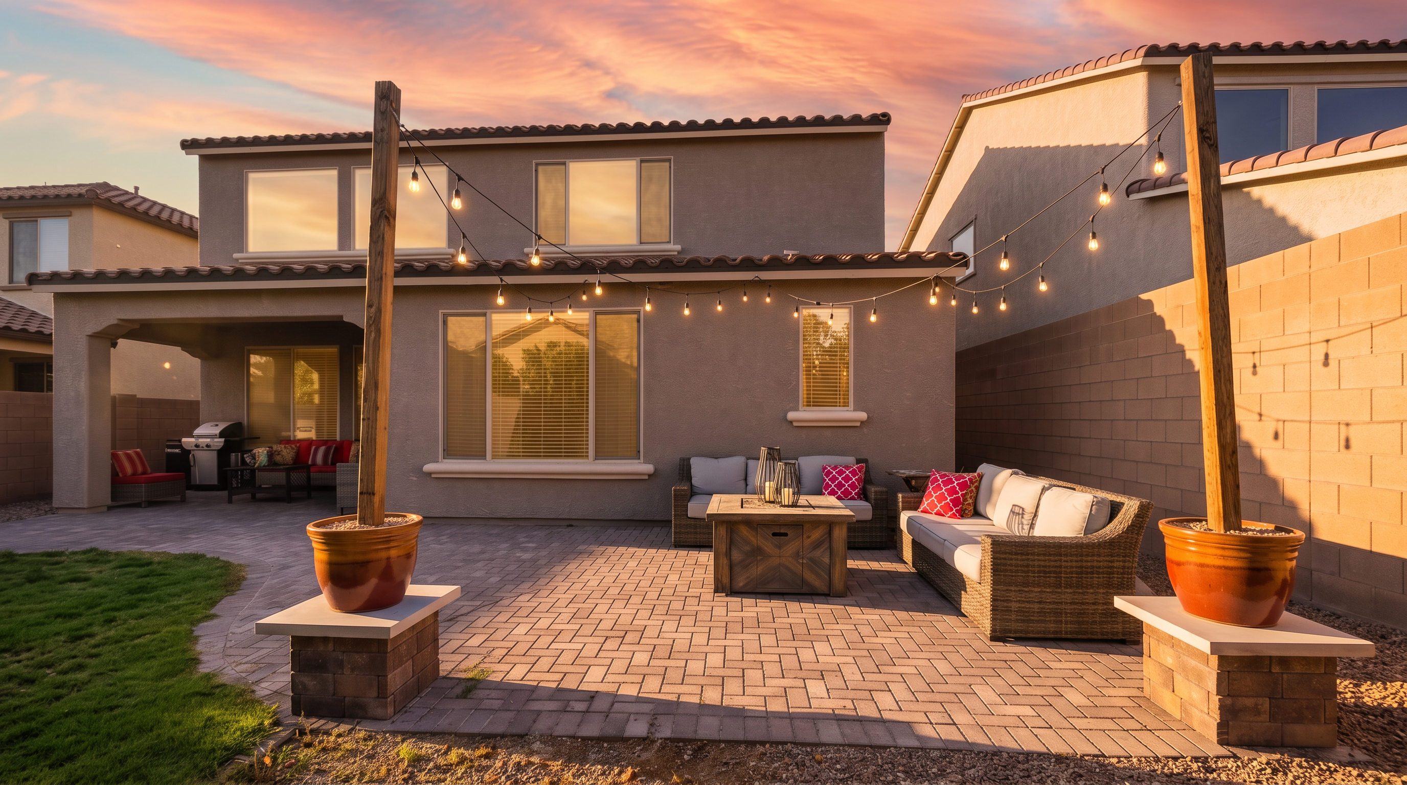 This inviting backyard patio features a paved seating area complete with a wicker sofa set and a central fire pit table. String lights are suspended between two wooden posts set in large decorative planters, creating a cozy atmosphere for outdoor entertaining. The space is bordered by a neutral-toned wall and a small patch of grass, offering a clean and well-maintained outdoor living environment.