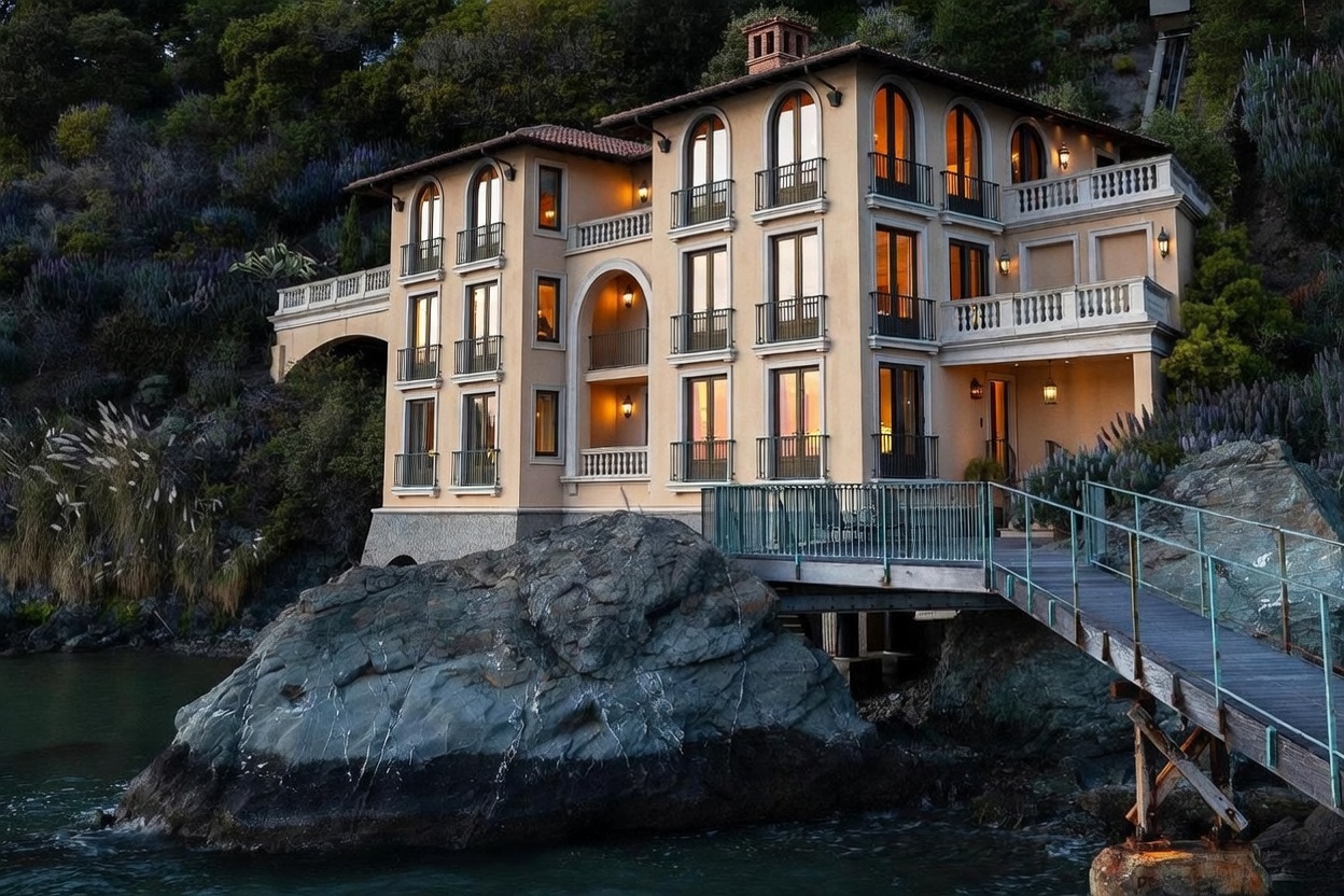 This stunning Mediterranean-style villa is perched dramatically on a rocky cliffside overlooking the water. The multi-story residence features a warm, stucco-toned facade with numerous arched windows, wrought-iron balconies, and a classic tile roof. A private wooden footbridge connects the home to the rugged shoreline, creating a unique and luxurious coastal retreat.