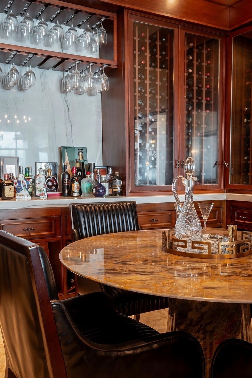 This sophisticated home bar area features a polished, swirling stone-topped circular table paired with dark leather chairs. Behind the bar, a glass-fronted wine storage cabinet with integrated lighting showcases a collection, while a rack above holds hanging stemware. The space is finished with rich, dark wood cabinetry and a light-colored stone backsplash, creating an elegant and intimate atmosphere for entertaining.