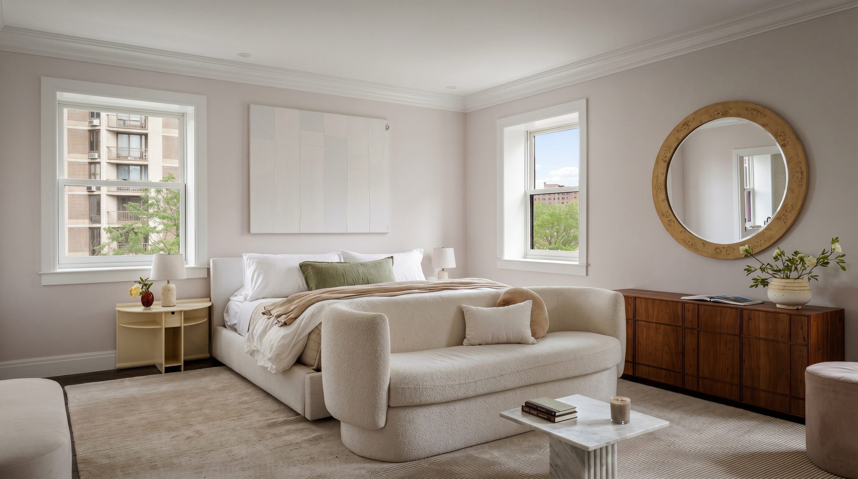 This elegant primary bedroom features a sophisticated, neutral color palette with a plush, cream-colored curved sofa positioned at the foot of a modern bed. The room is anchored by a large, circular wooden-framed mirror above a sleek walnut credenza, while two windows provide ample natural light and a view of the surrounding urban landscape. The space is finished with a textured area rug and a minimalist marble coffee table, creating a serene and luxurious atmosphere.