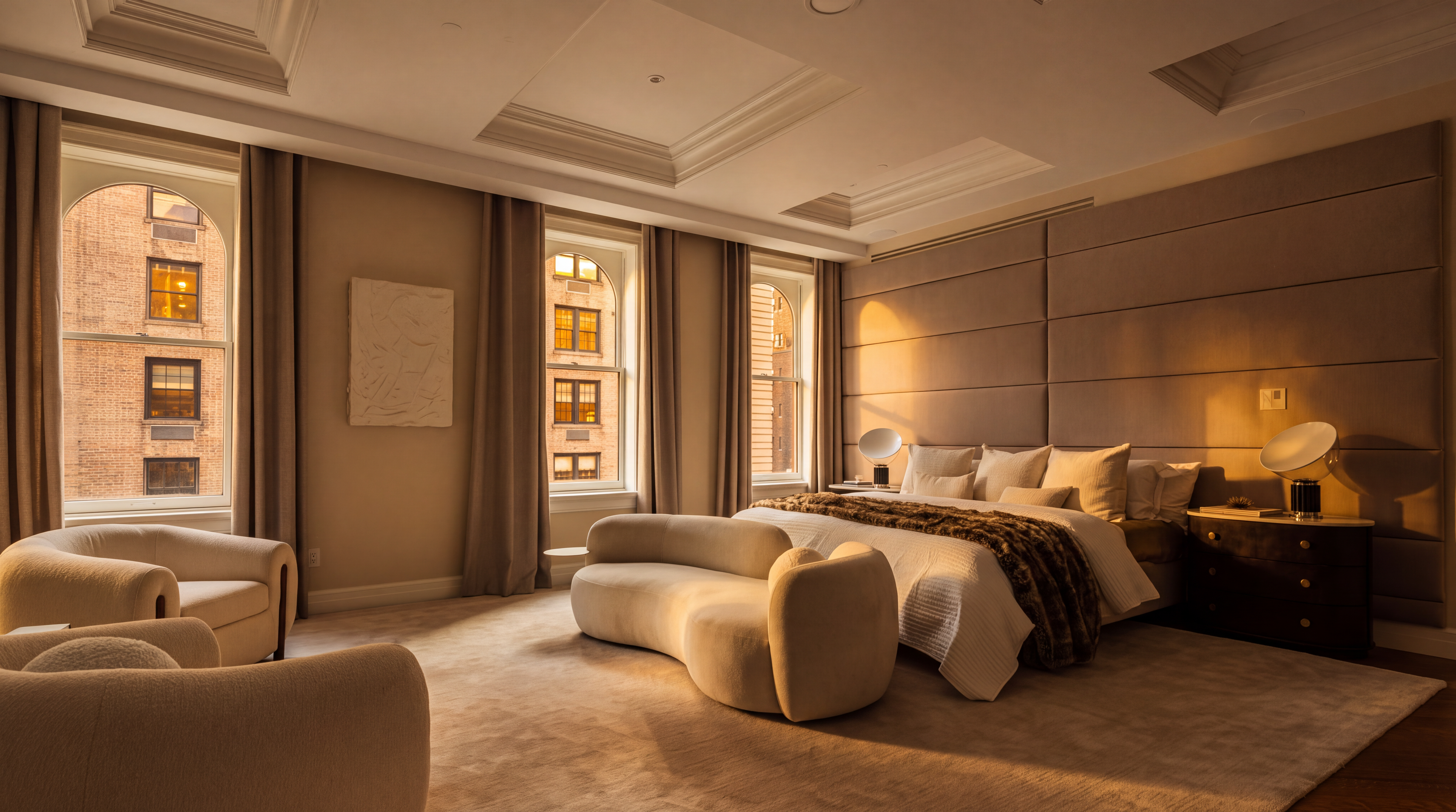This expansive primary bedroom features a neutral color palette with a large, upholstered headboard wall that serves as a sophisticated focal point. The room is furnished with a plush, curved bench at the foot of the bed, two comfortable armchairs in the foreground, and dark wood nightstands topped with modern globe lamps. Large windows with floor-length curtains allow natural light to fill the space, highlighting the soft textures of the carpet and bedding.