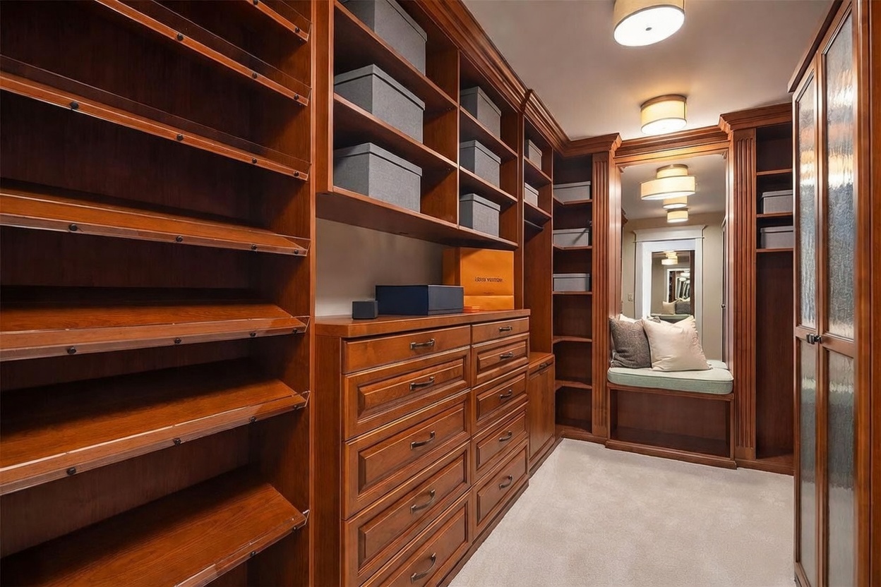 This spacious walk-in closet features rich, warm-toned wood cabinetry with extensive shelving and multiple drawers for organized storage. A built-in bench with a light-colored cushion sits at the end of the aisle, positioned in front of a large mirror that reflects the interior space. The room is illuminated by recessed ceiling lights and a central fixture, creating a polished and functional dressing area.