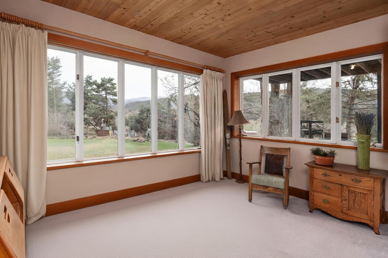 This cozy bedroom features a light blue textured bedspread and a wooden dresser topped with a potted plant. Large windows wrap around the corner of the room, offering expansive views of the surrounding trees and landscape. The space is finished with a warm wood-paneled ceiling and a rustic wooden chair, creating a comfortable and inviting atmosphere.