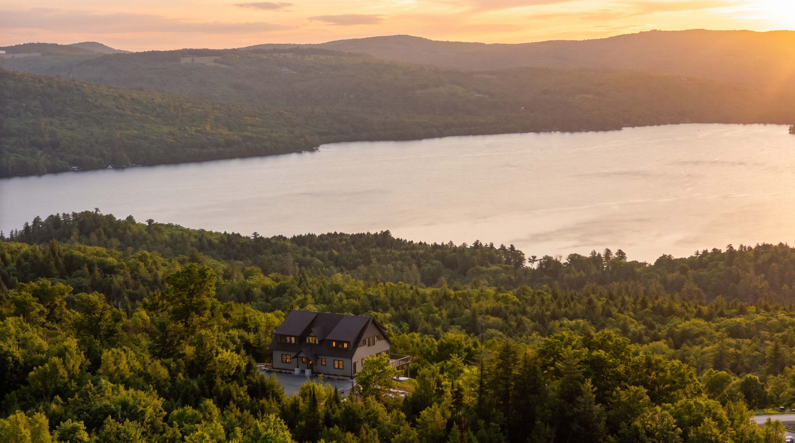 This aerial view showcases a charming multi-story home nestled atop a tree-lined ridge, overlooking a vast, serene lake surrounded by rolling, forest-covered hills. The property features traditional architectural styling with a pitched roof and a deck, emphasizing a secluded and calm living environment. It is an ideal setting for those seeking privacy and breathtaking natural scenery.