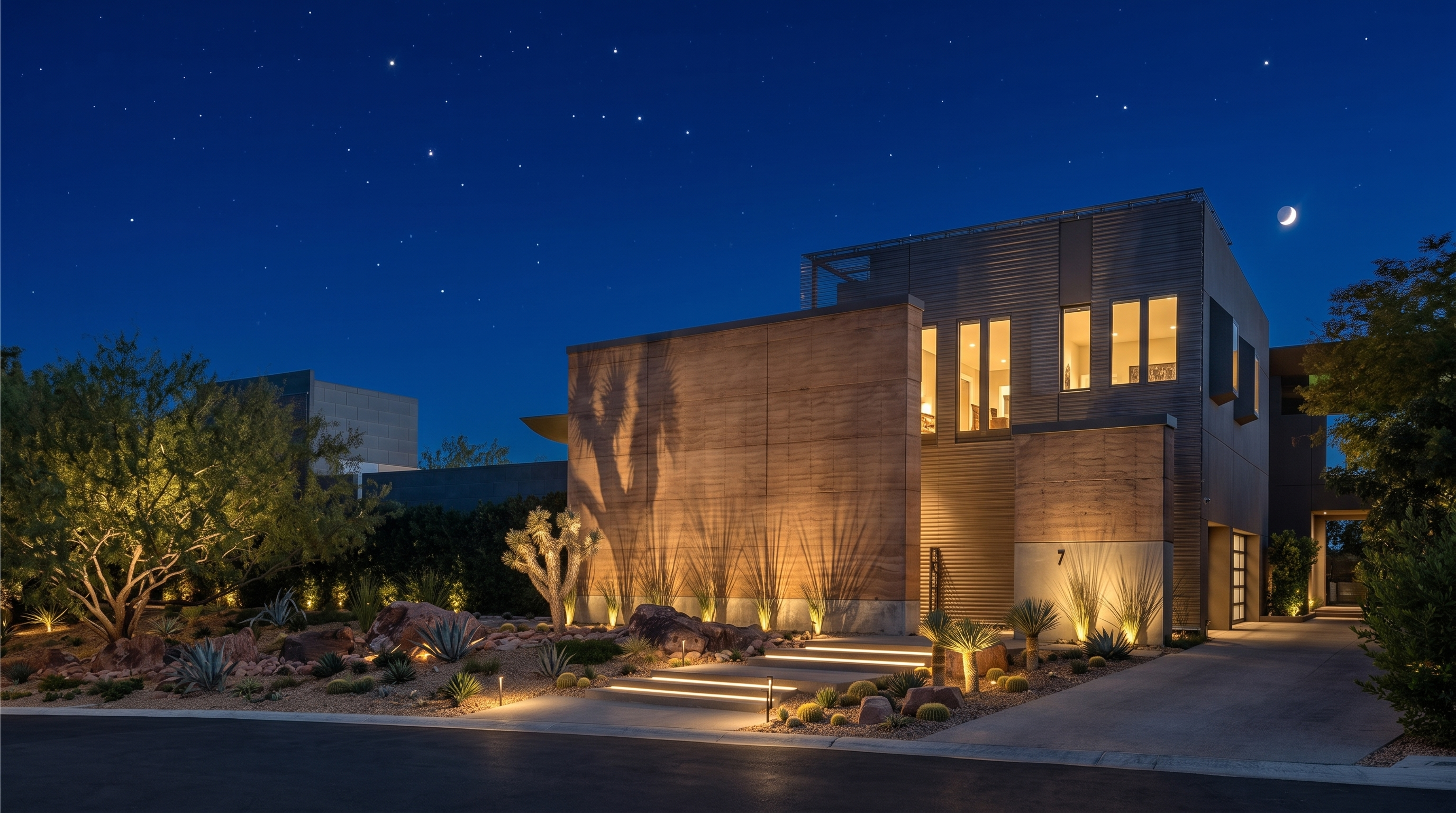 This modern architectural residence features a striking facade composed of a large, textured earth-toned panel wall and corrugated metal siding. The front entrance is accessed by a set of concrete steps leading up from a desert-landscaped yard filled with native cacti, succulents, and decorative boulders. The scene is captured at dusk, with warm accent lighting highlighting the landscaping and the home's geometric structure against a soft, gradient sunset sky.