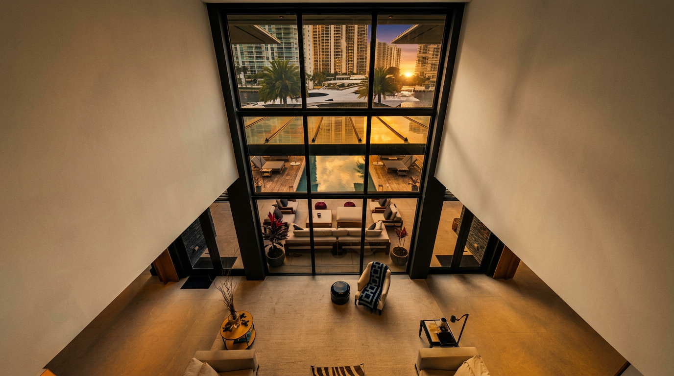 This high-ceilinged living room features a dramatic wall of floor-to-ceiling glass that frames a view of an outdoor patio, swimming pool, and waterfront beyond. The interior is decorated in a neutral, contemporary palette with light-toned flooring and minimalist furniture, creating an airy and expansive atmosphere. The perspective is taken from an elevated vantage point, looking down into the main living area and through the glass wall to the exterior landscape.