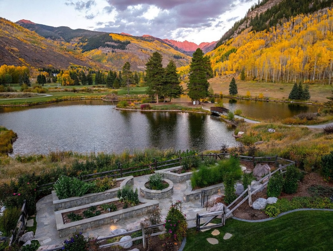 This elevated perspective captures a beautifully landscaped stone garden terrace in the foreground, featuring raised planting beds and a circular stone fire pit area. Beyond the garden, a serene pond reflects the surrounding landscape, leading the eye toward a small island with mature pine trees and a wooden footbridge. The background showcases a breathtaking mountain vista blanketed in vibrant autumn foliage, creating a picturesque and tranquil setting.