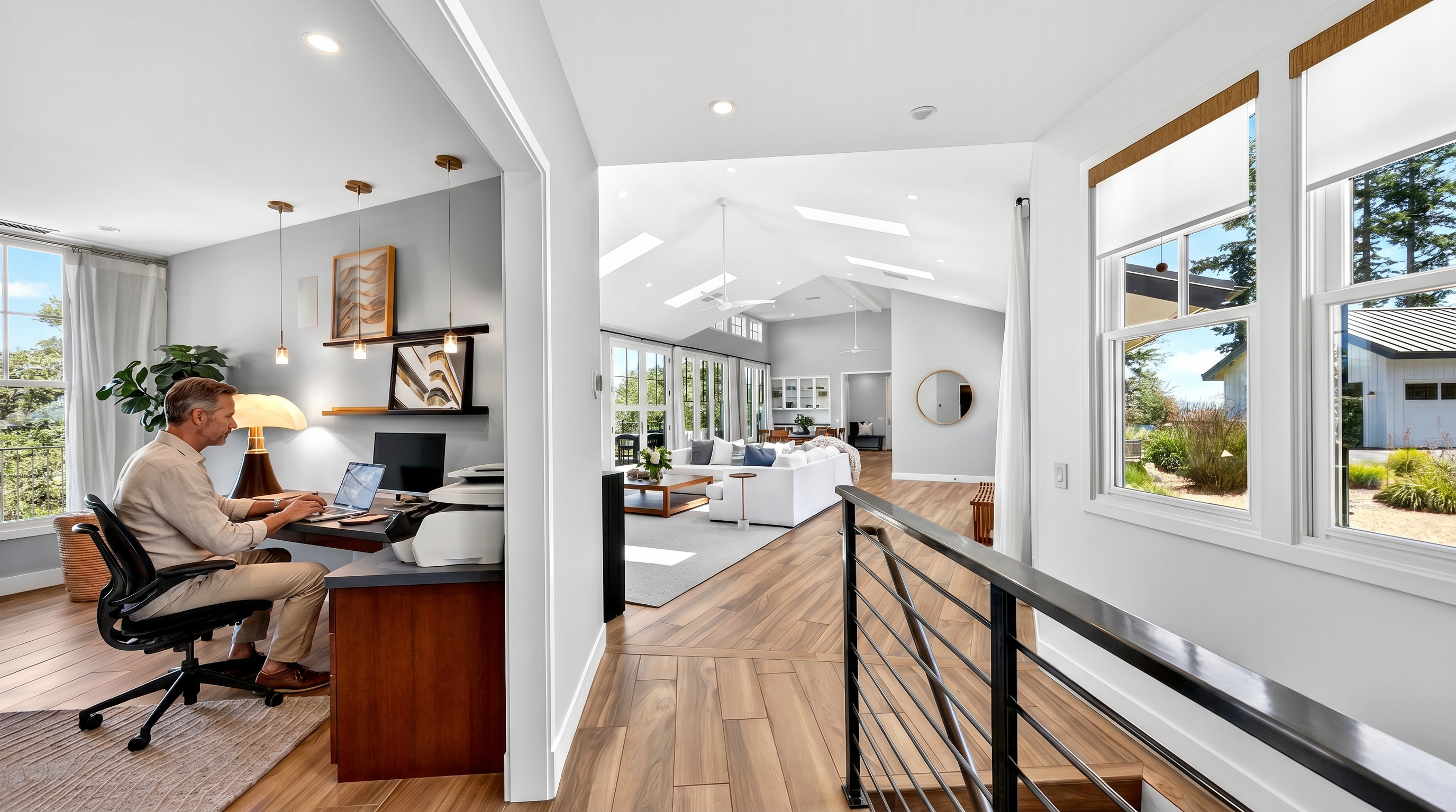 This bright, open-concept home features a dedicated office space in the foreground that flows seamlessly into a spacious living area. The office is equipped with a dark desk, a modern lamp, and a comfortable chair, while the living area beyond boasts vaulted ceilings with skylights and large windows that flood the space with natural light. The interior is finished with light wood-toned flooring throughout, creating a cohesive and airy atmosphere that emphasizes the home's modern, open layout.