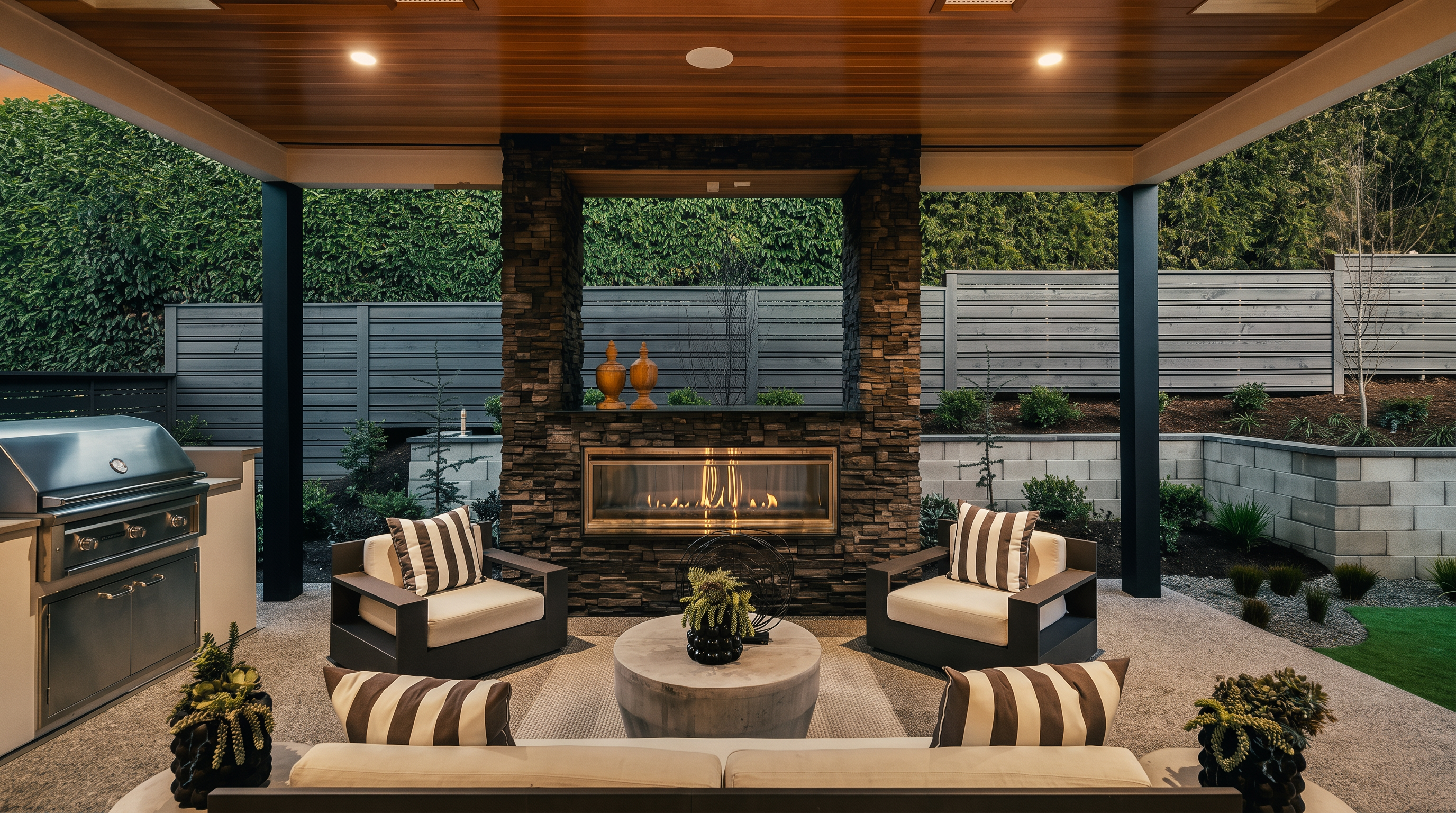 This covered outdoor living space features a sophisticated stone-clad chimney breast housing a linear gas fireplace, serving as the focal point of the seating area. The space is furnished with a comfortable sofa and two armchairs arranged around a central concrete coffee table, all set beneath a warm wood-paneled ceiling with integrated lighting and heaters. To the left, a built-in stainless steel grill station completes the outdoor kitchen setup, while the surrounding area is enclosed by a modern horizontal-slat fence and manicured landscaping.