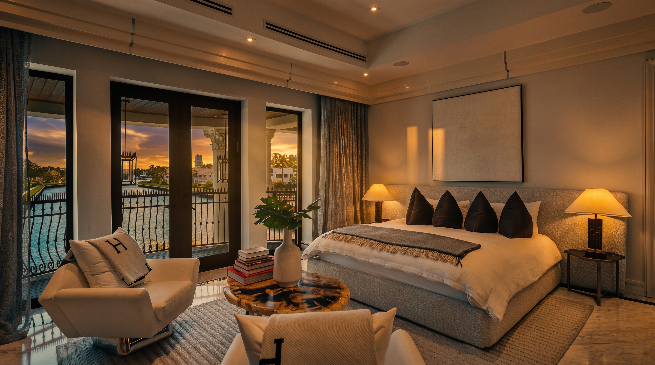 This luxurious primary bedroom features a neutral color palette, a plush king-sized bed with dark accent pillows, and a seating area with two white armchairs centered around a unique live-edge wood coffee table. Large glass doors provide a seamless transition to a private balcony with water views, while recessed lighting and elegant table lamps create a sophisticated atmosphere. The room is finished with light-toned flooring and soft drapery, offering a serene and upscale living space.
