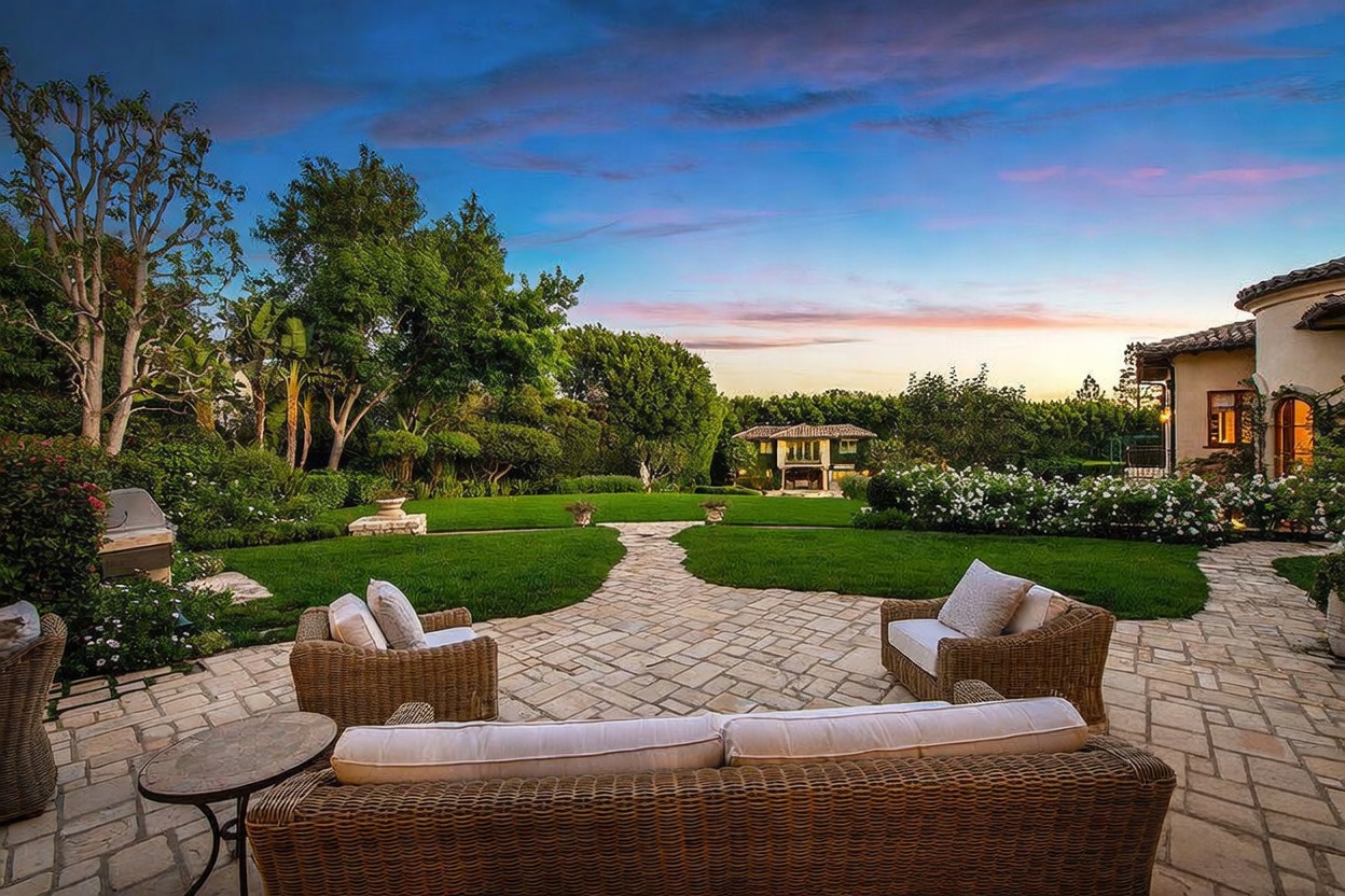 This image captures a serene outdoor patio area overlooking a lush, expansive backyard at dusk. The foreground features comfortable wicker lounge furniture arranged on a stone-paved patio, while the background showcases a manicured lawn, mature trees, and a secondary structure in the distance. The warm, ambient lighting and the soft colors of the sunset create an inviting and tranquil atmosphere.