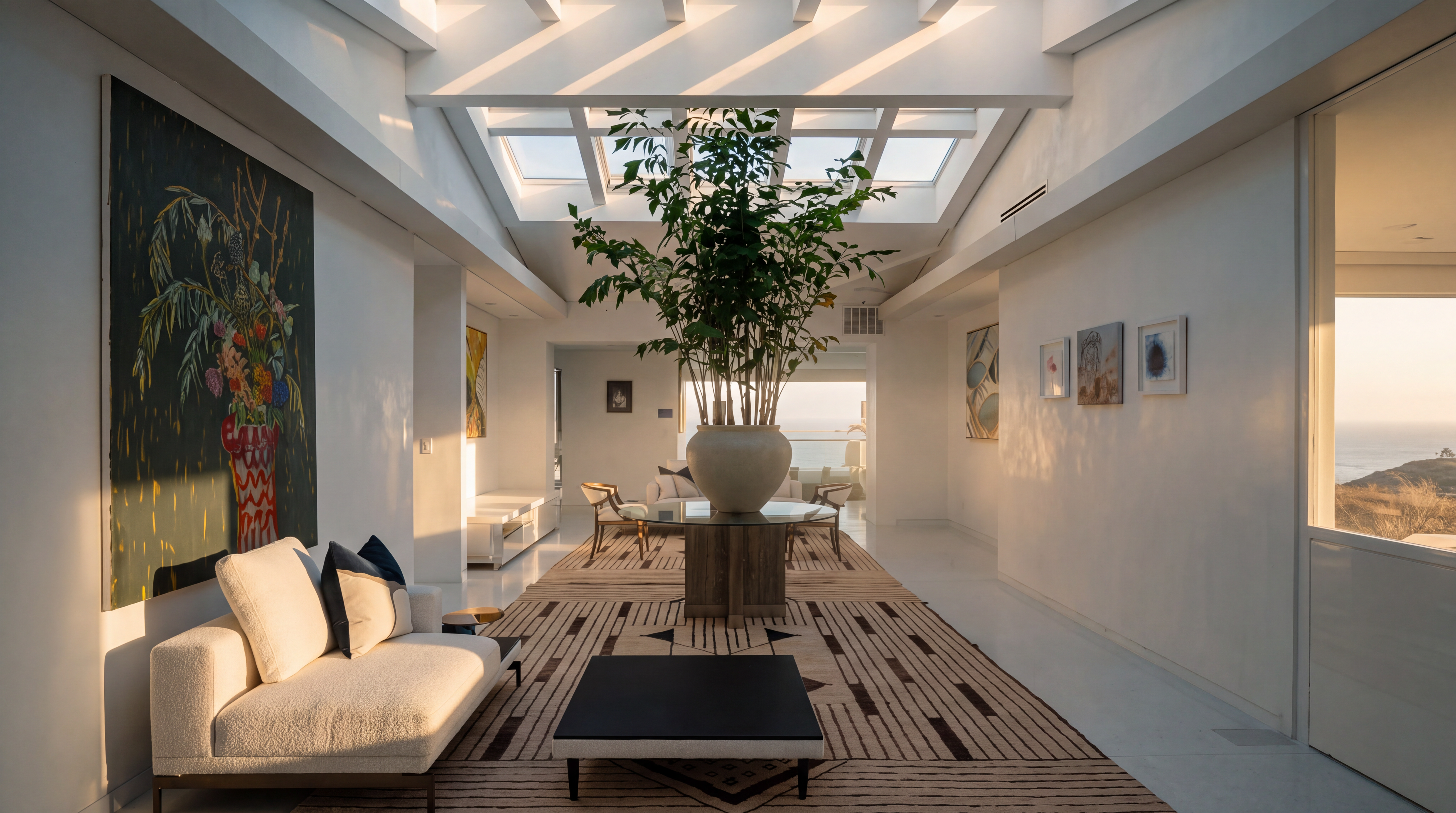 This bright and airy living space features a dramatic skylight ceiling that floods the room with natural light, highlighting the white walls and minimalist aesthetic. A large, patterned area rug anchors the seating area, which includes a modern sofa and a low-profile coffee table, while a central pedestal table topped with a large potted plant serves as a striking focal point. The room is decorated with various framed artworks, creating a gallery-like atmosphere that feels both sophisticated and open.